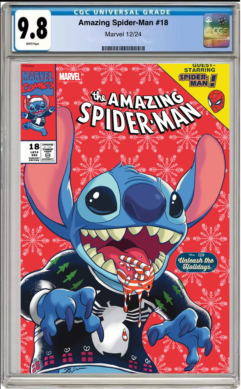 Comic book cover of Amazing Spider-Man #18 Ben Su Disney Stitch Unleash the Holidays Cover with CGC grading label.