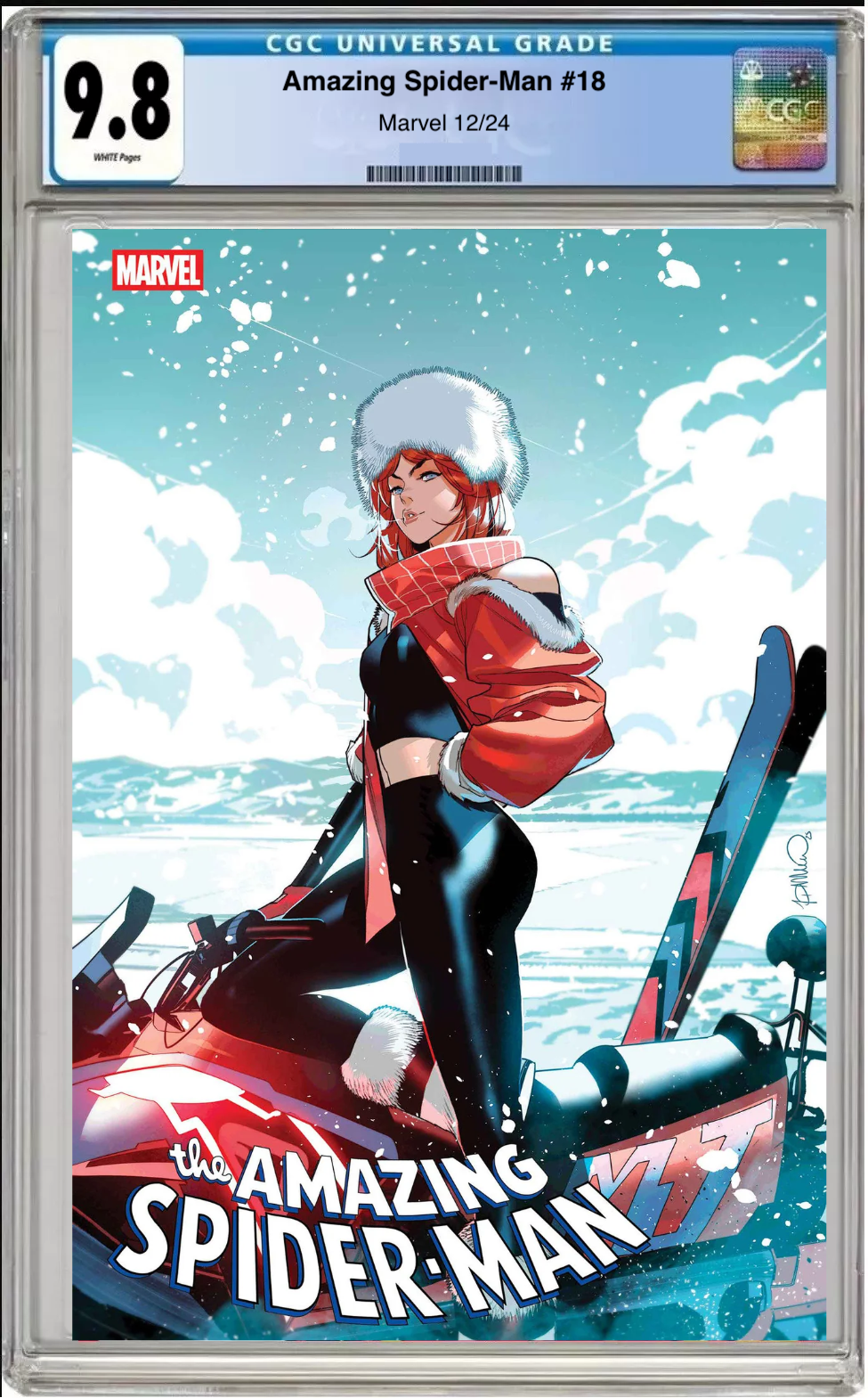 Comic book cover of Amazing Spider-Man #18 Simone Di Meo Winter Break Cover with CGC grading label.