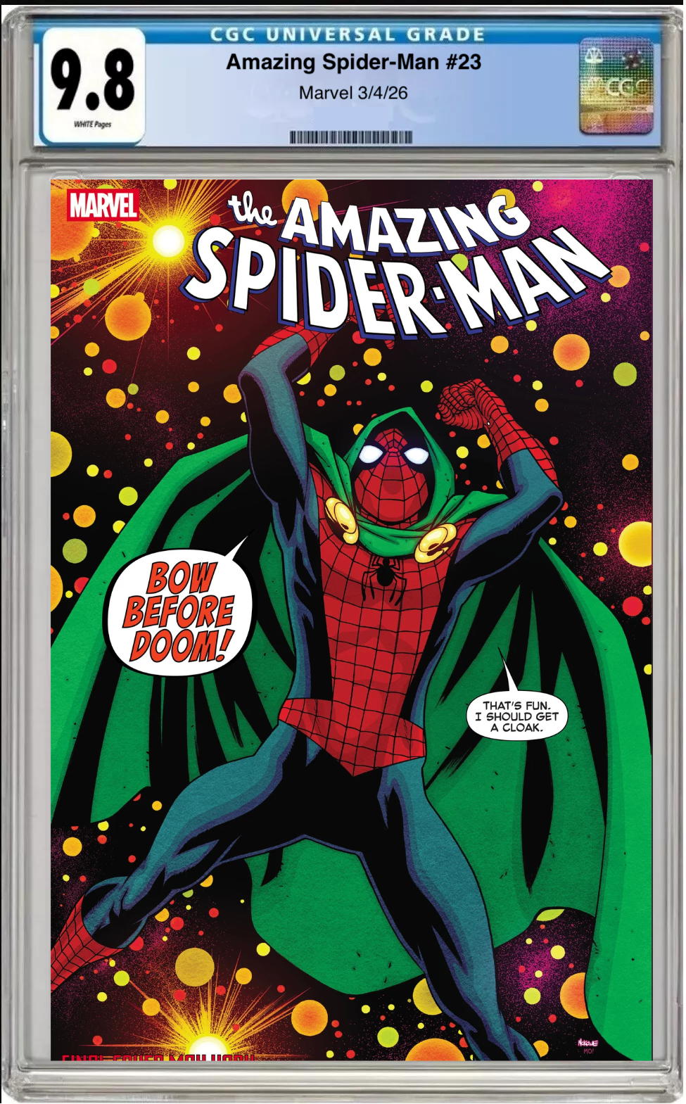Comic book cover of Amazing Spider-Man #23 Mike McKone Doom Homage Cover with CGC grading label.