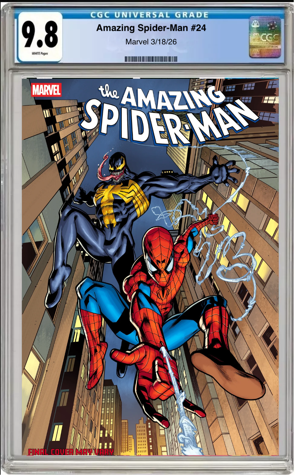 Comic book cover of Amazing Spider-Man #24 Mike Hawthorne Cover with CGC grading label.