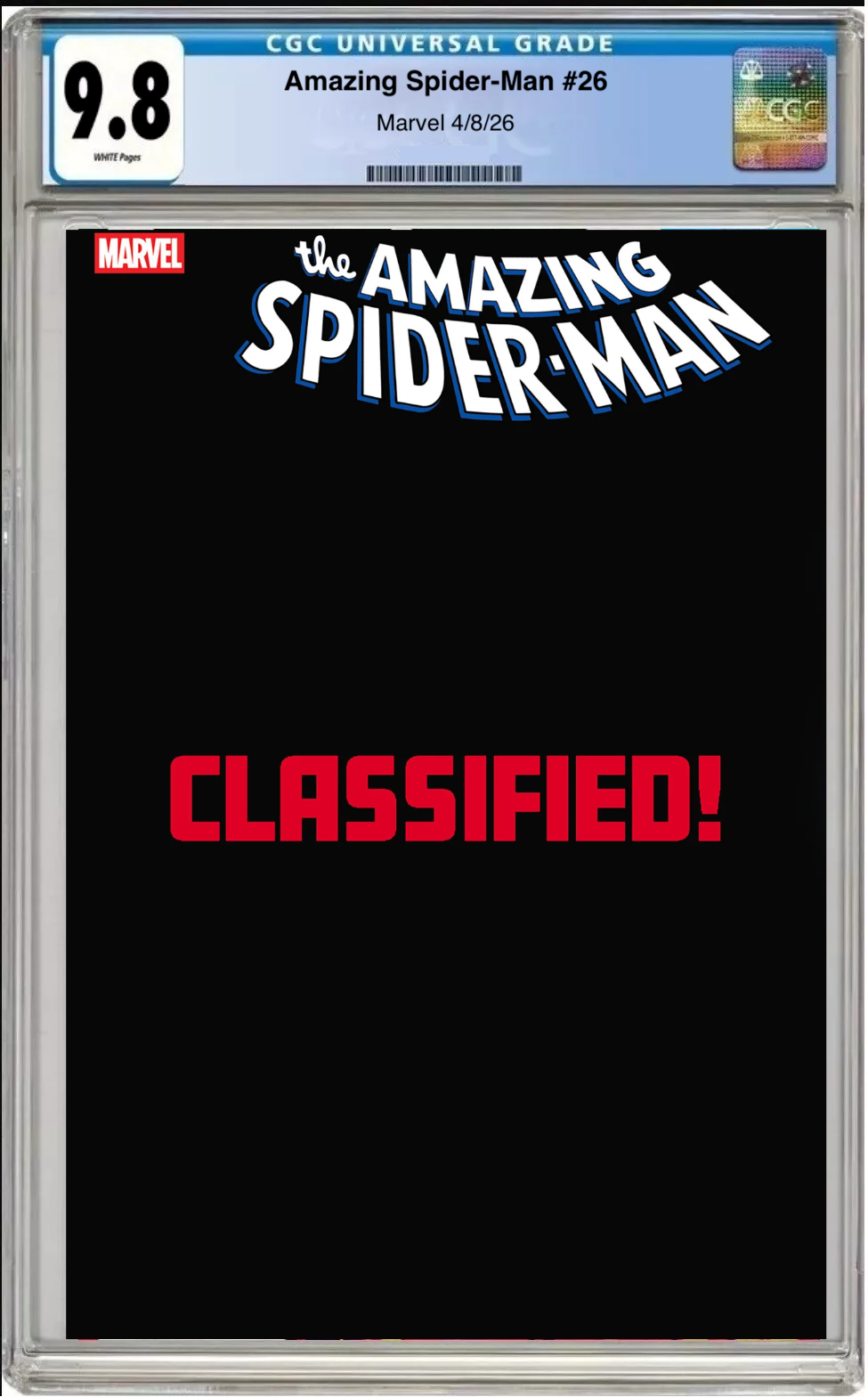 Comic book cover of Amazing Spider-Man #26 Mark Bagley Classified Target Cover with CGC grading label.
