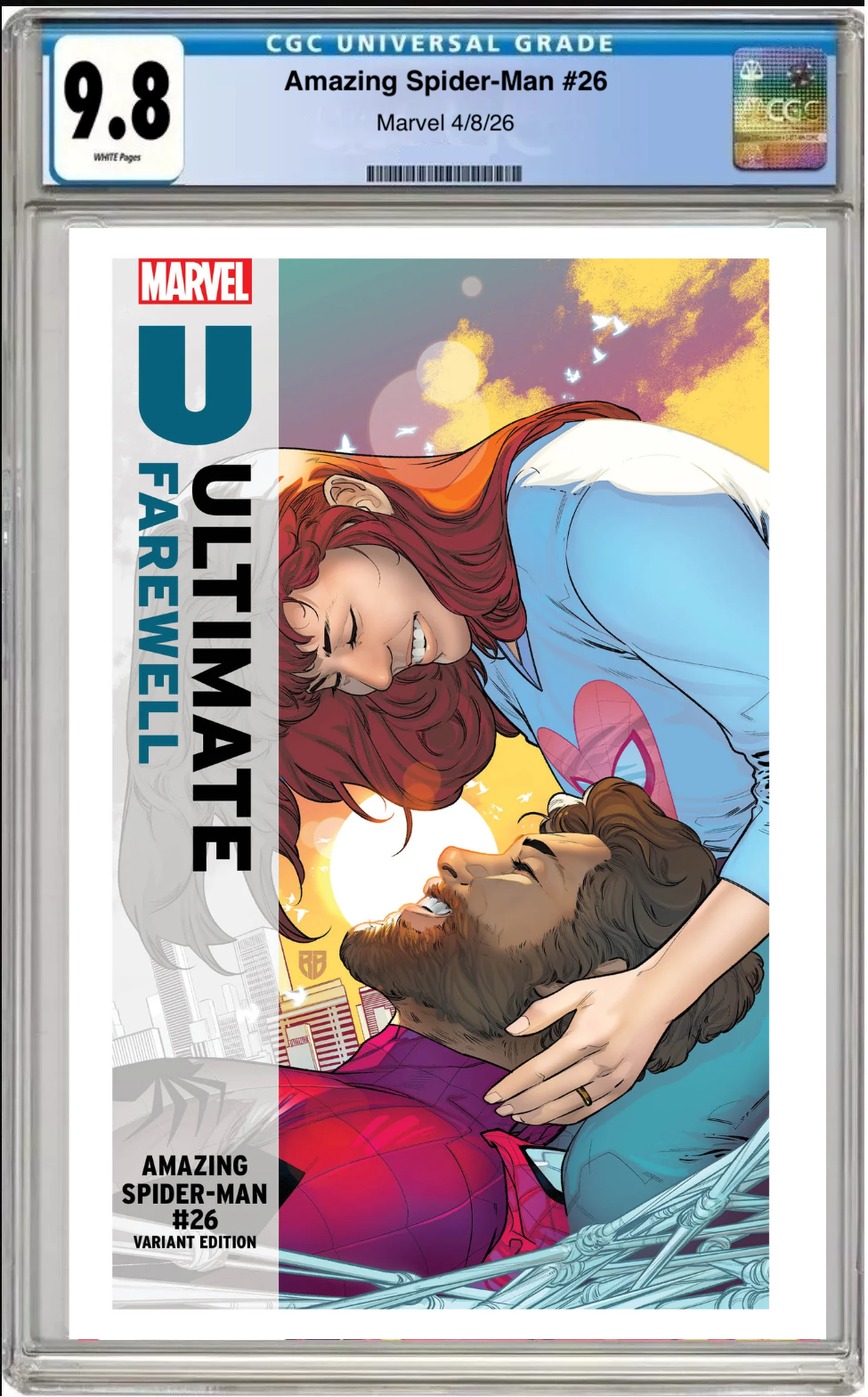 Comic book cover of Amazing Spider-Man #26 R.B. Silva Ultimate Farewell Cover with CGC grading label.