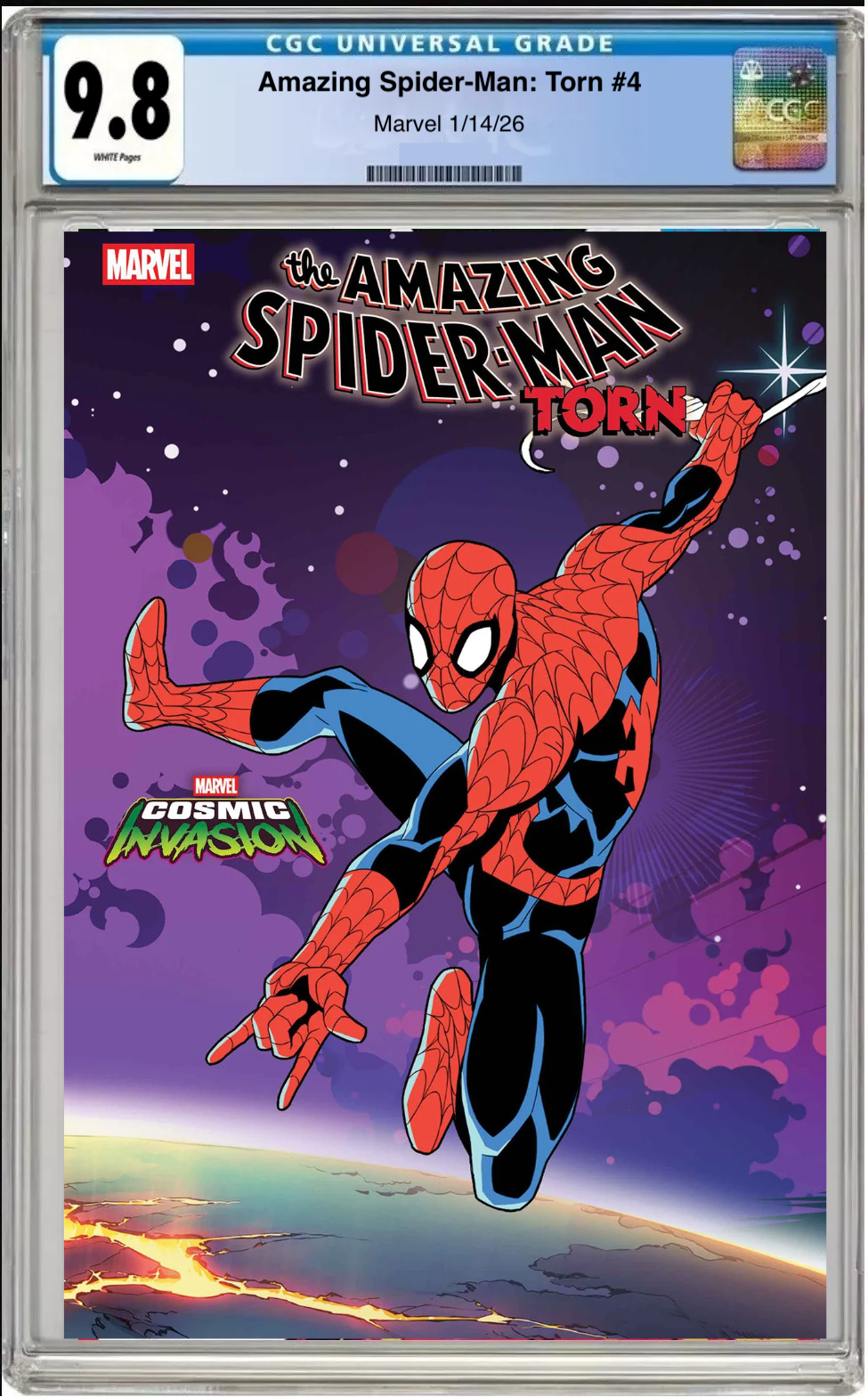 Comic book cover of Amazing Spider-Man Torn #4 Marvel Cosmic Invasion Cover with CGC grading label.