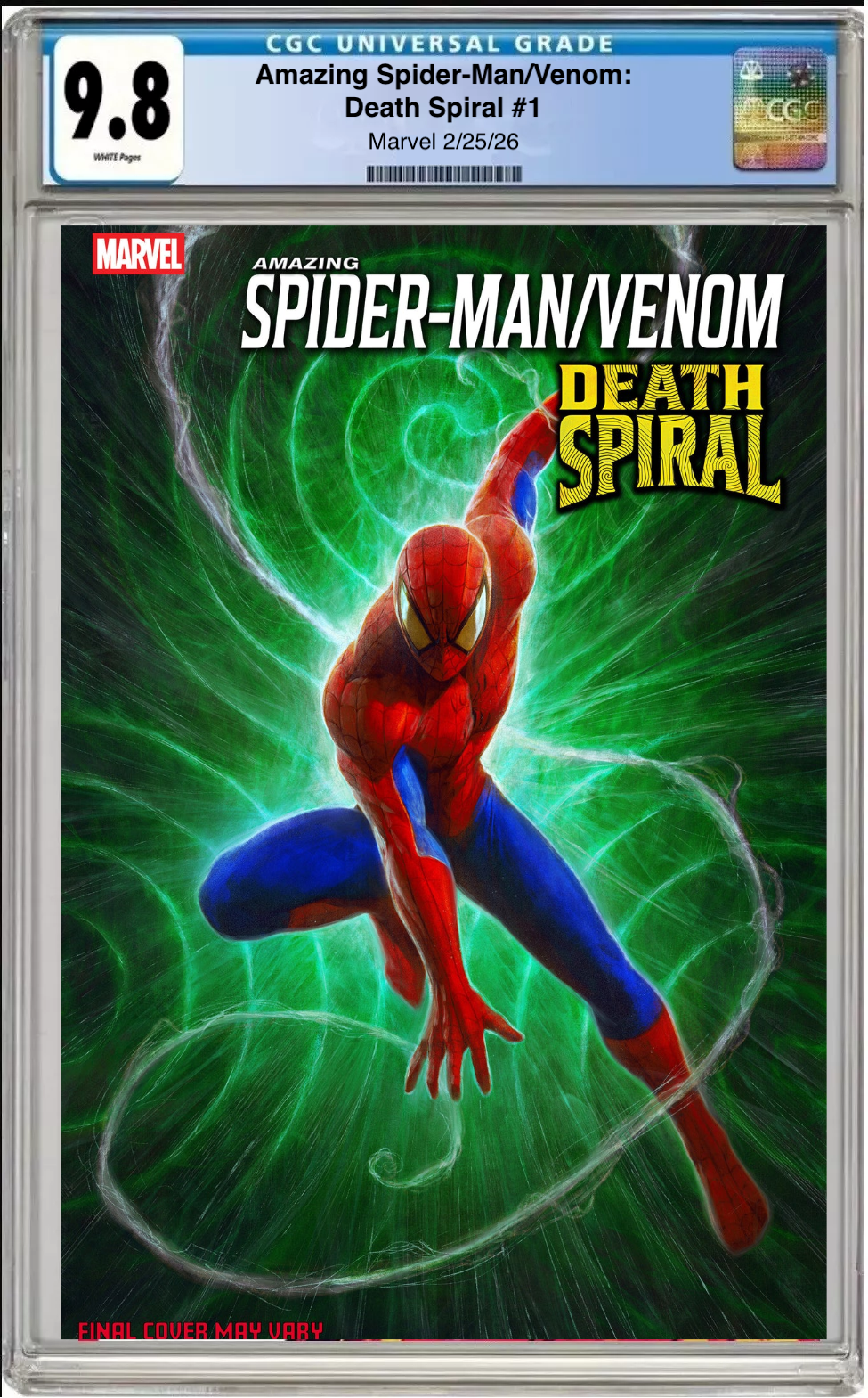 Comic book cover of Amazing Spider-Man / Venom: Death Spiral #1 Dave Rapoza Spider-Man Cover with CGC grading label.