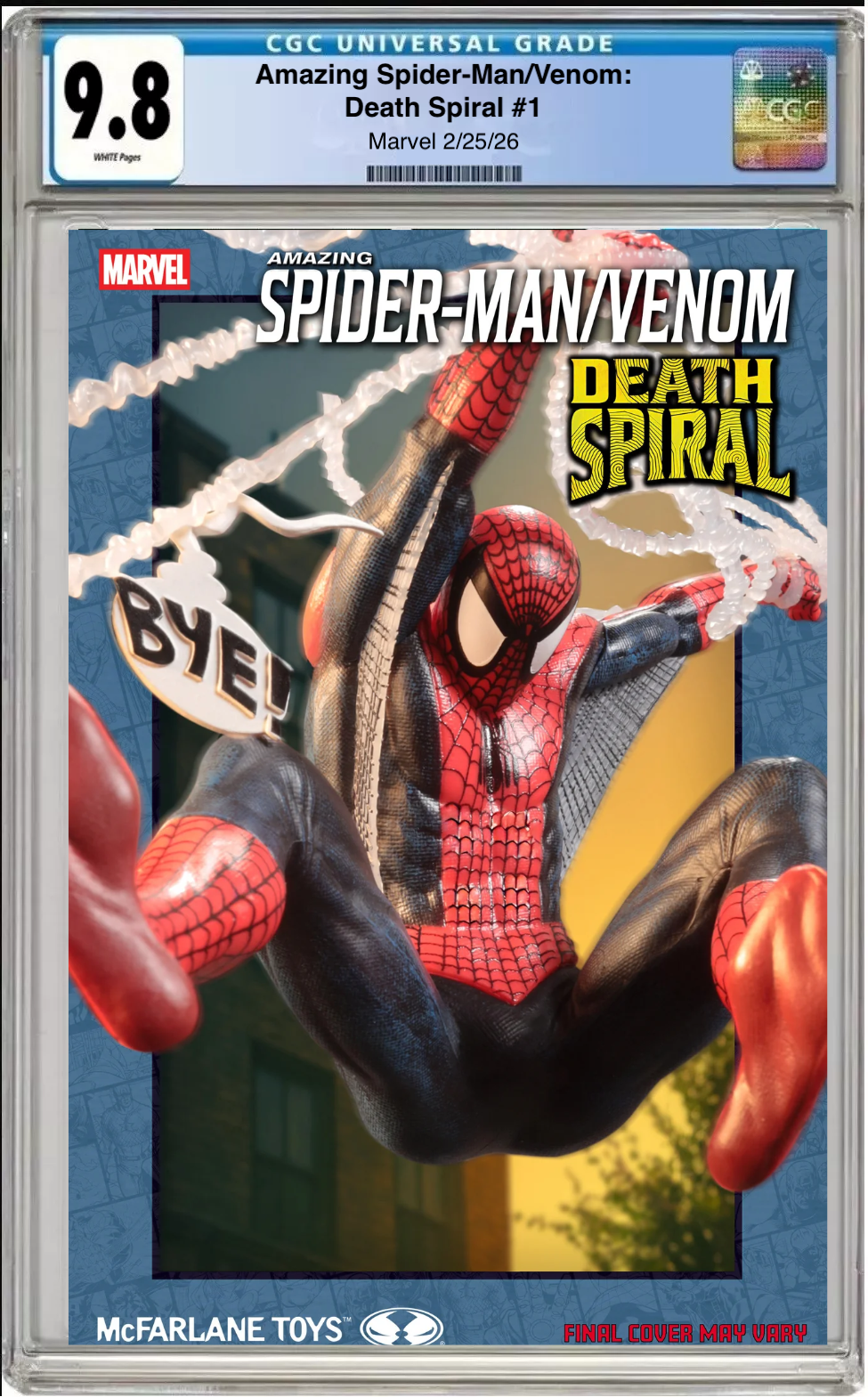 Comic book cover of Amazing Spider-Man / Venom: Death Spiral #1 McFarlane Toys Cover with CGC grading label.