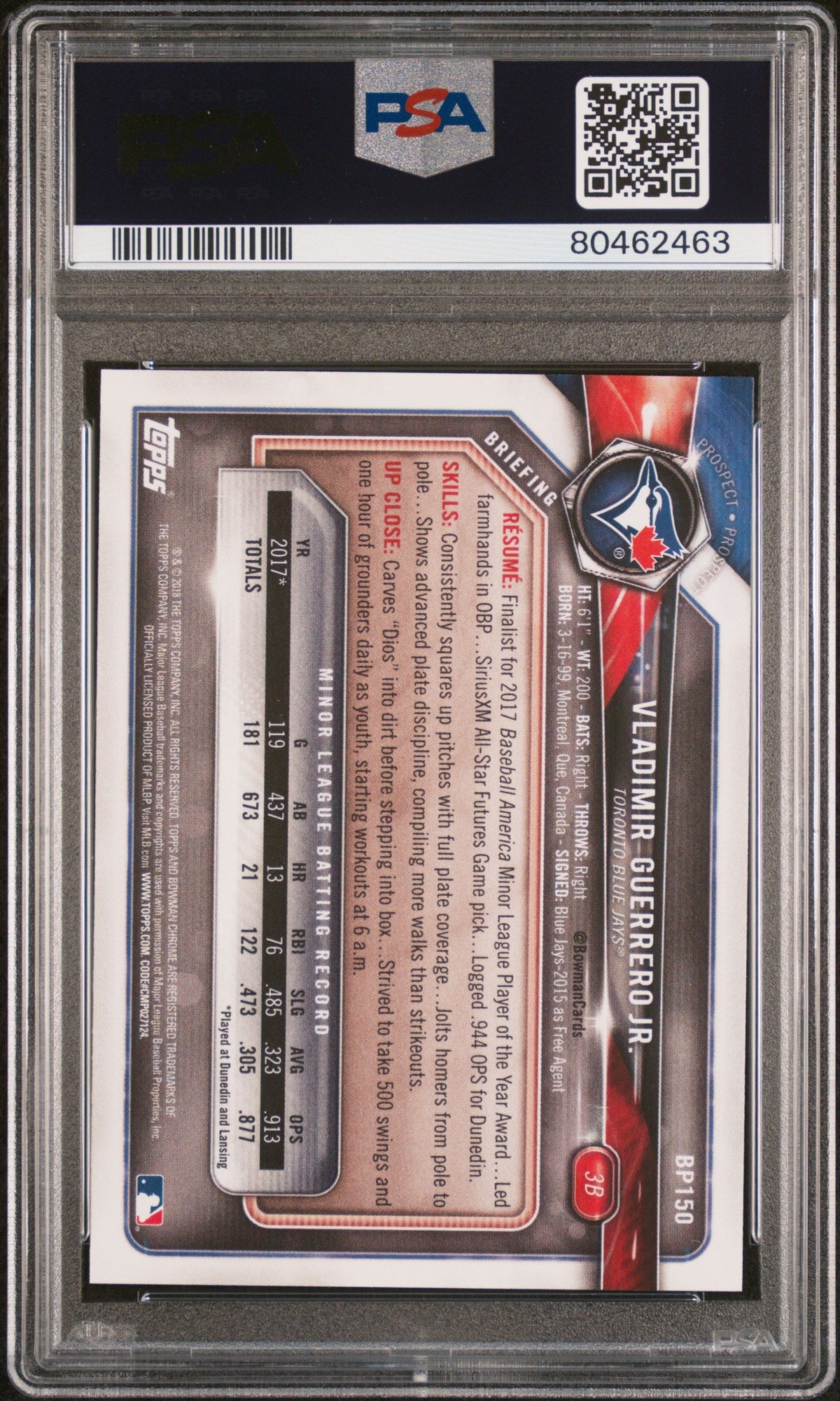 2018 BOWMAN PAPER PROSPECTS VLADIMIR GUERRERO JR. #BP150 - PSA 10