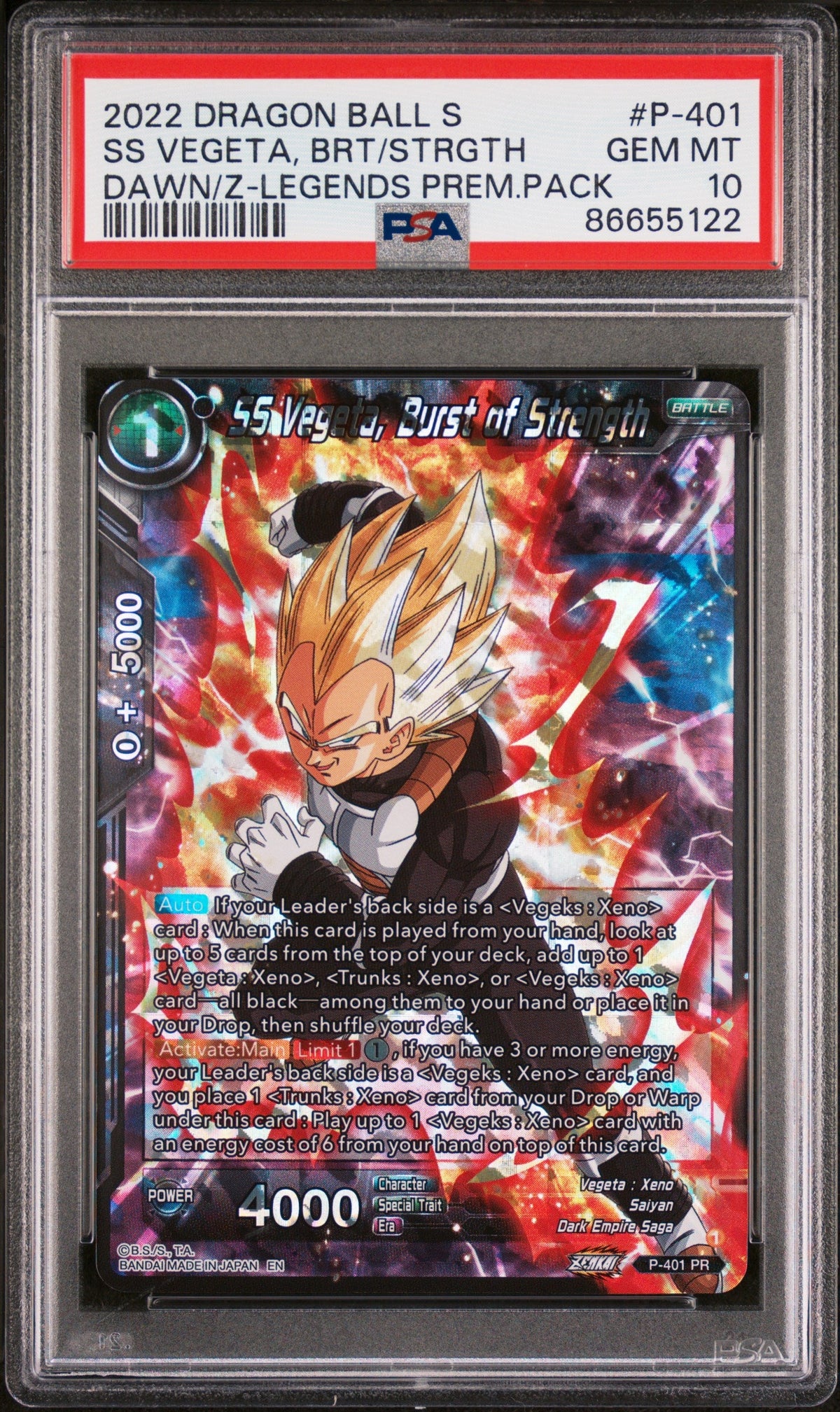 2022 DRAGON BALL SUPER DAWN OF THE Z-LEGENDS SS VEGETA, BRS/STRGTH #P-401 PSA 10