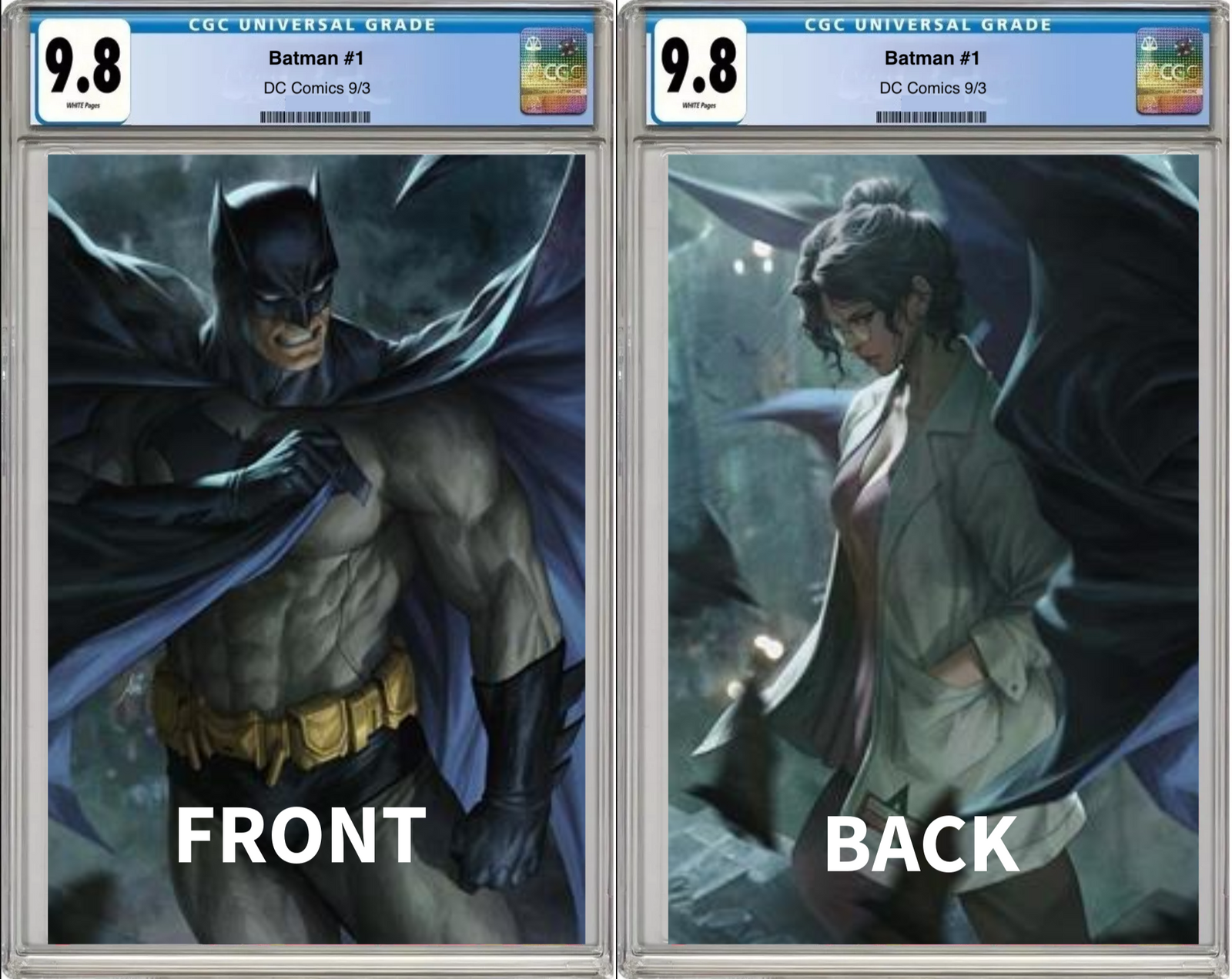 Batman #1 Cover J Showcase Wraparound Foil Variant comic book with CGC 9.8 grading label showing front and back views
