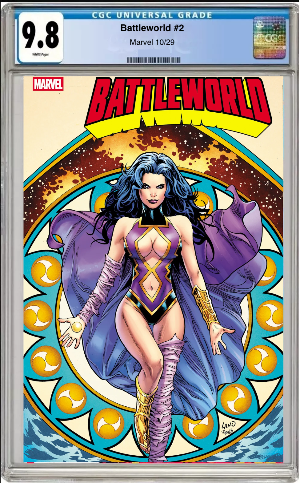 Comic book cover of Battleword #2 Greg Land Mystic Cover with CGC 9.8 grading label.