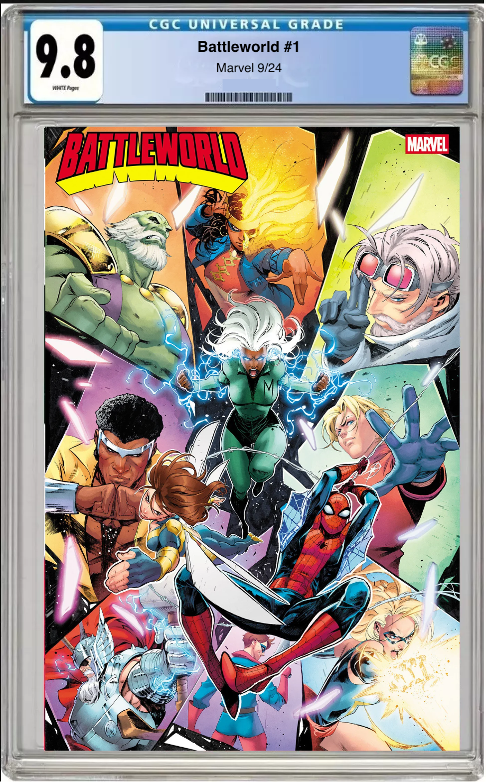 Comic book cover of Battleworld #1 Iban Coello Foil Cover with CGC 9.8 grading label.