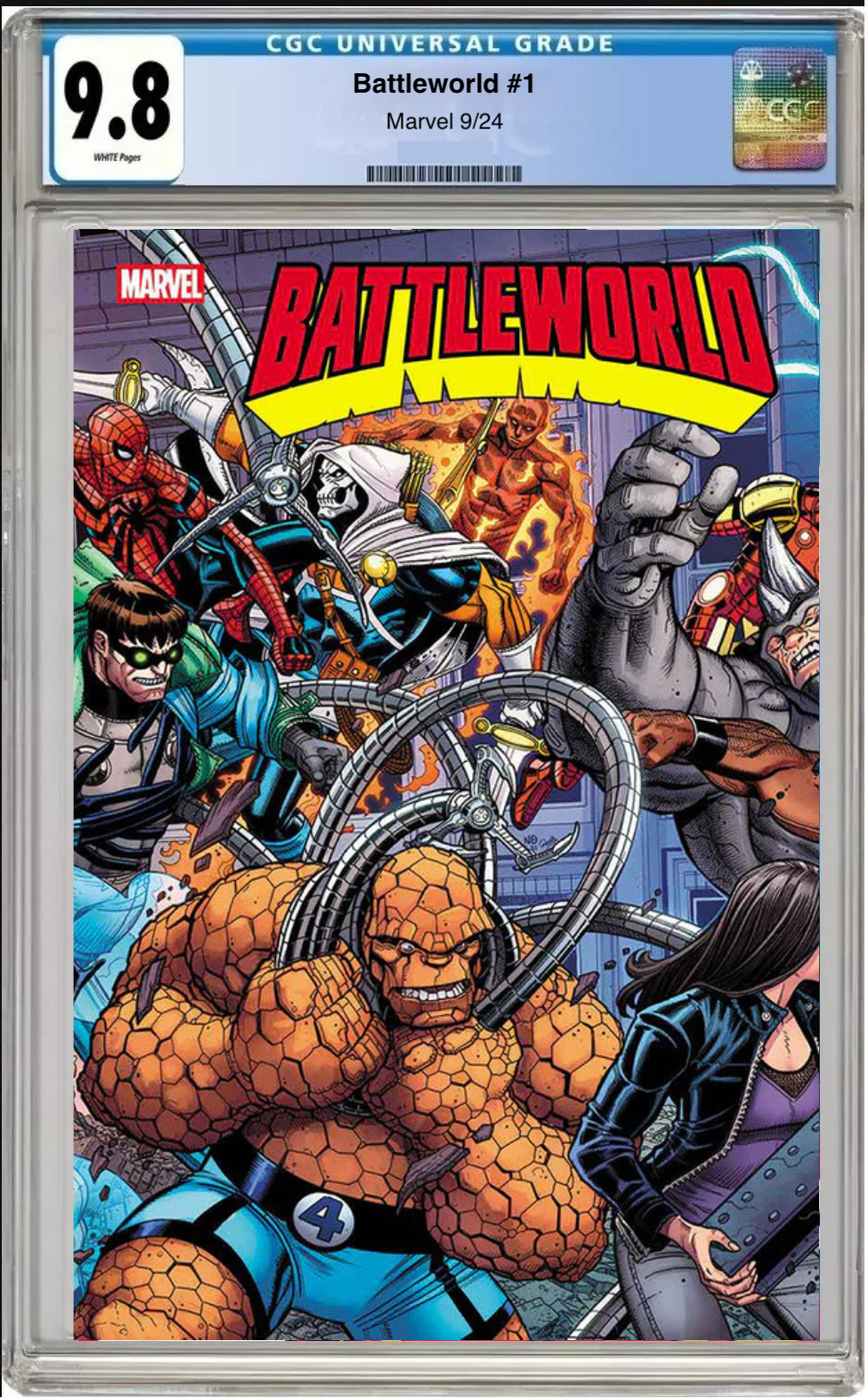 Comic book cover featuring Marvel characters with &#39;Battleworld&#39; title, CGC grading label on top.