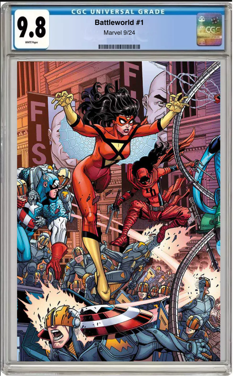 Comic book cover with superhero characters in a battle scene, CGC grading label on top.