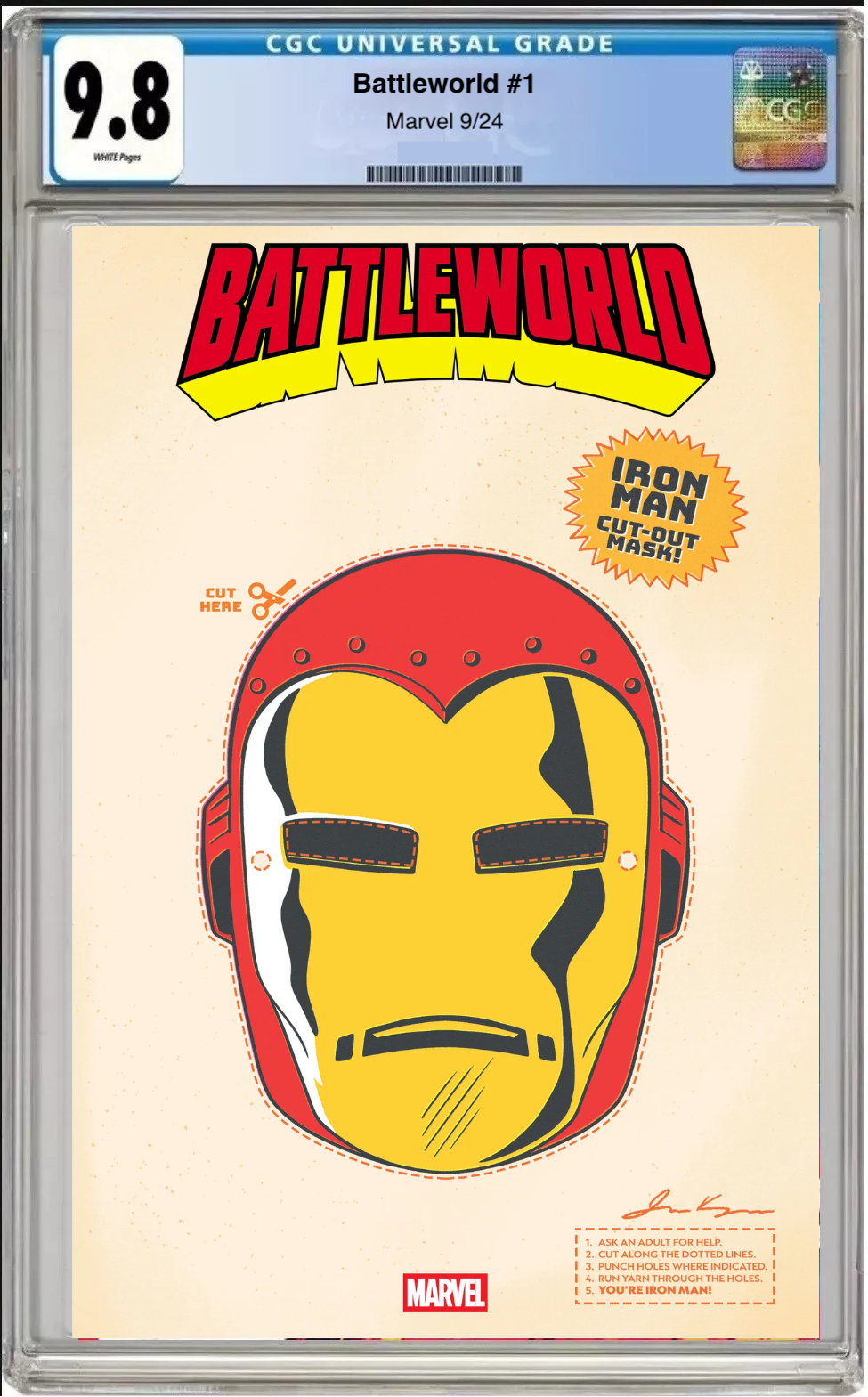 Comic book cover of Battleworld #1 Retro Halloween Mask Cover with CGC 9.8 grading label.