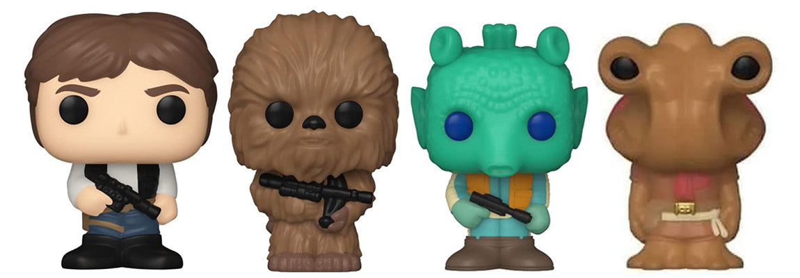 Out-Of-Box Bitty Pop! Han Solo, Chewbacca, Greedo &amp; Hammerhead (Series 3) 4-Pack w/ Shelf