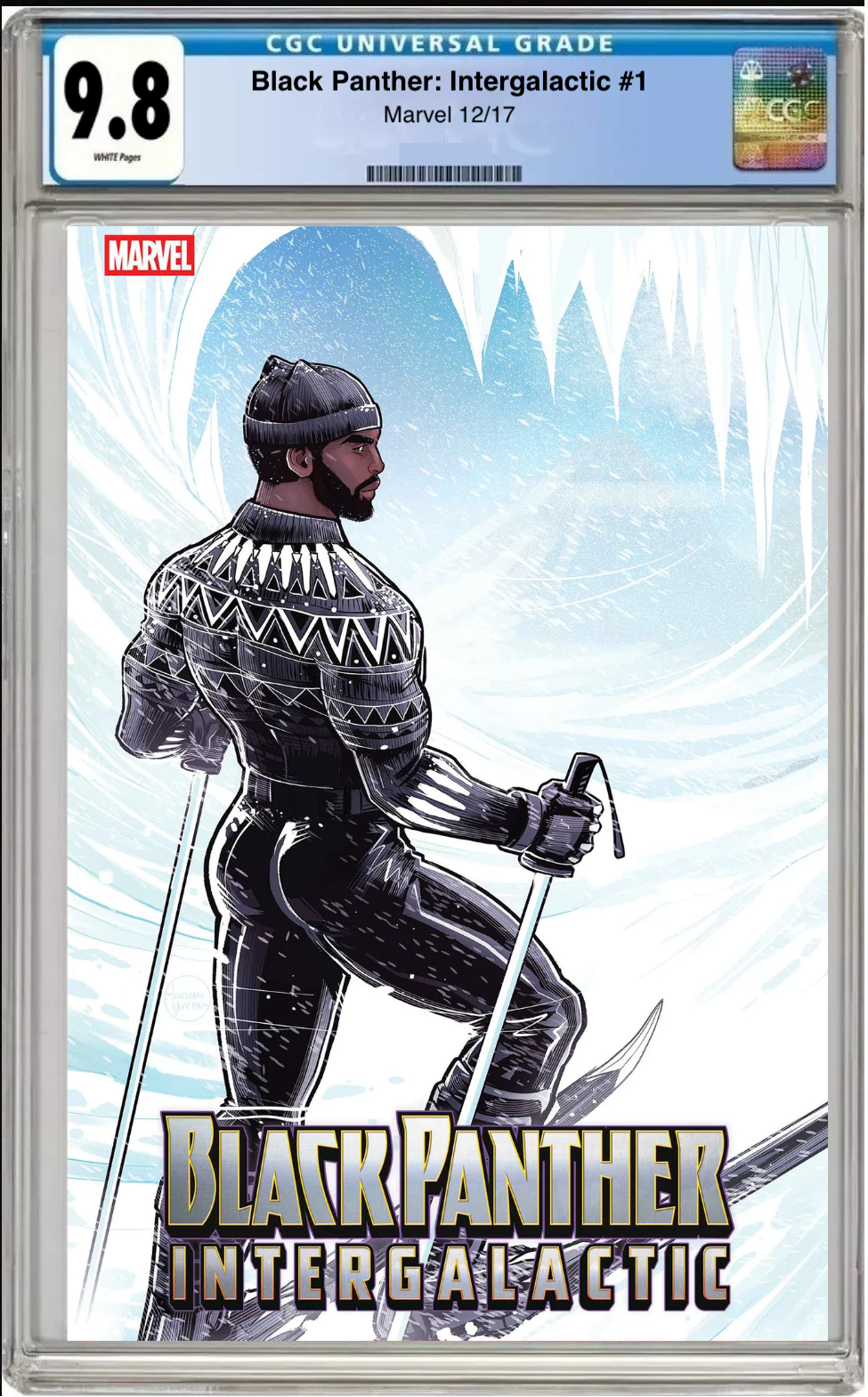 Comic book cover of Black Panther Intergalactic #1 Luciano Vecchio Winter Break Cover with CGC grading label.