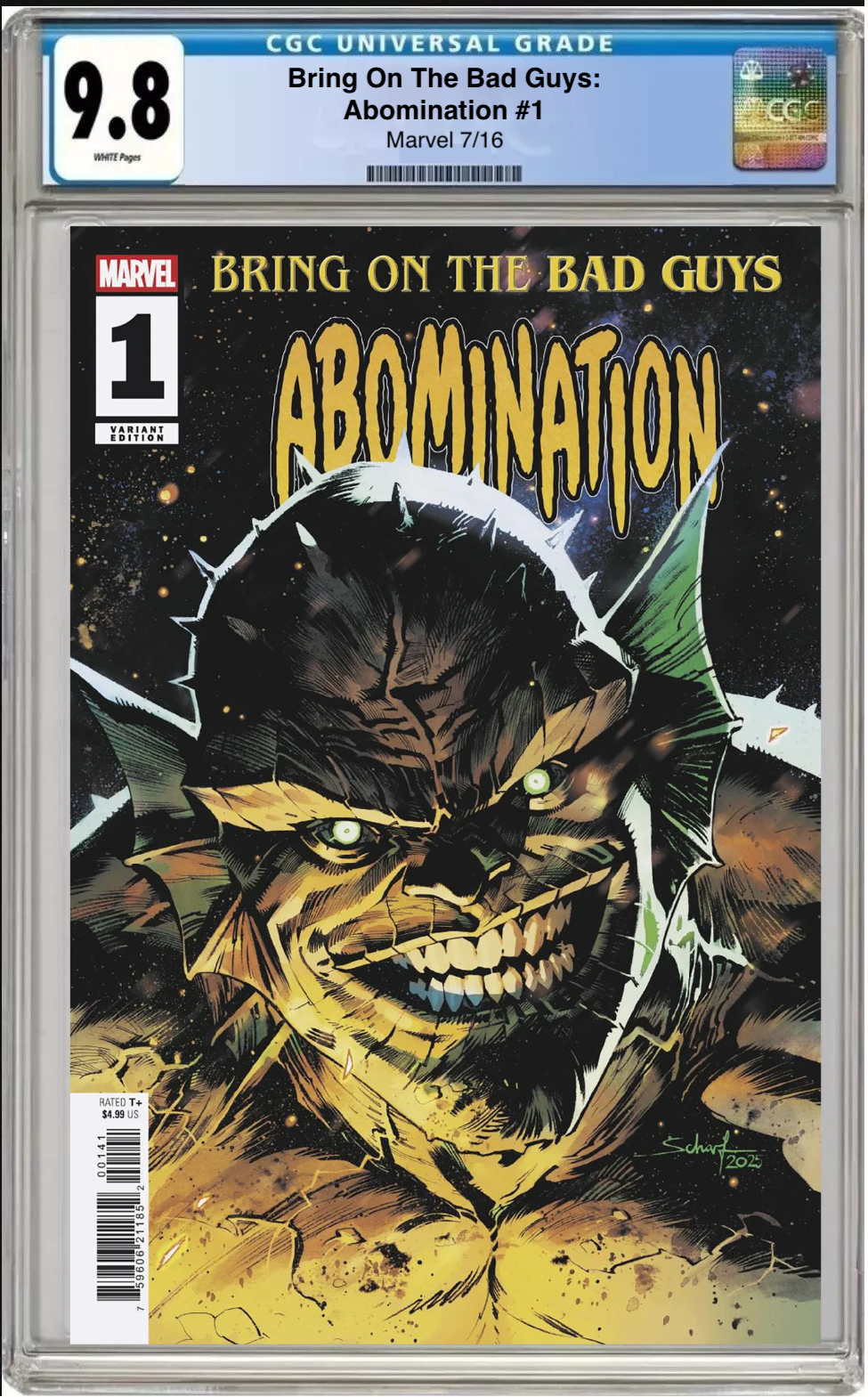 Comic book cover of Bring On the Bad Guys: Abomination #1 Jonas Scharf Cover with CGC grading label.

