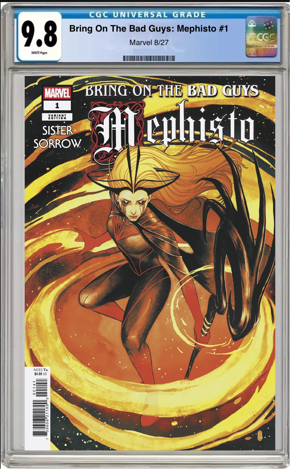 Comic book cover of Bring on the Bad Guys: Mephisto #1 Nimiy Malavia Sister Sinister Sorror Cover with CGC 9.8 grading label.