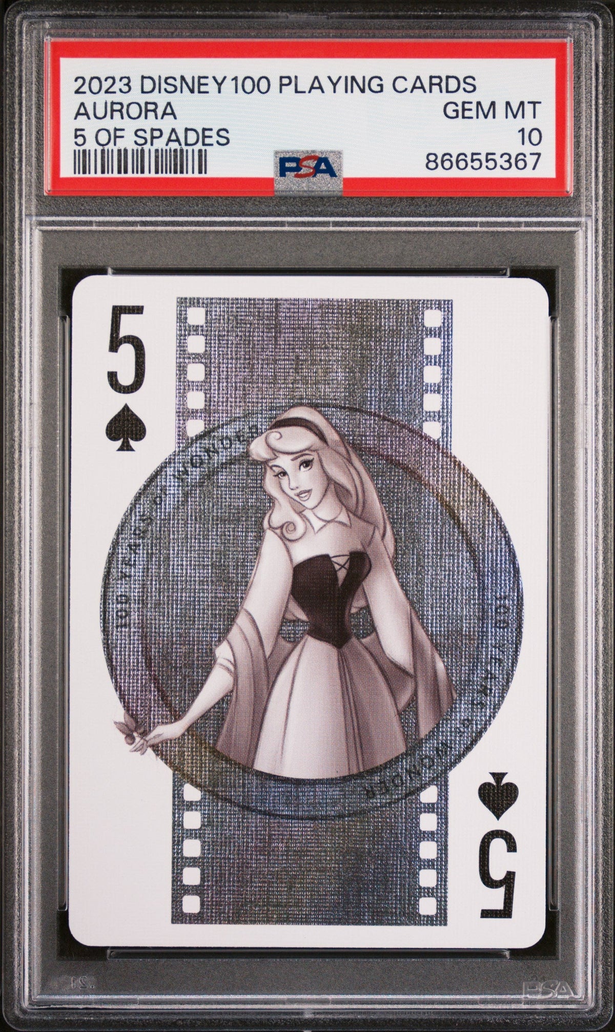 2023 DISNEY 100 PLAYING CARDS AURORA 5 OF SPADES PSA 10