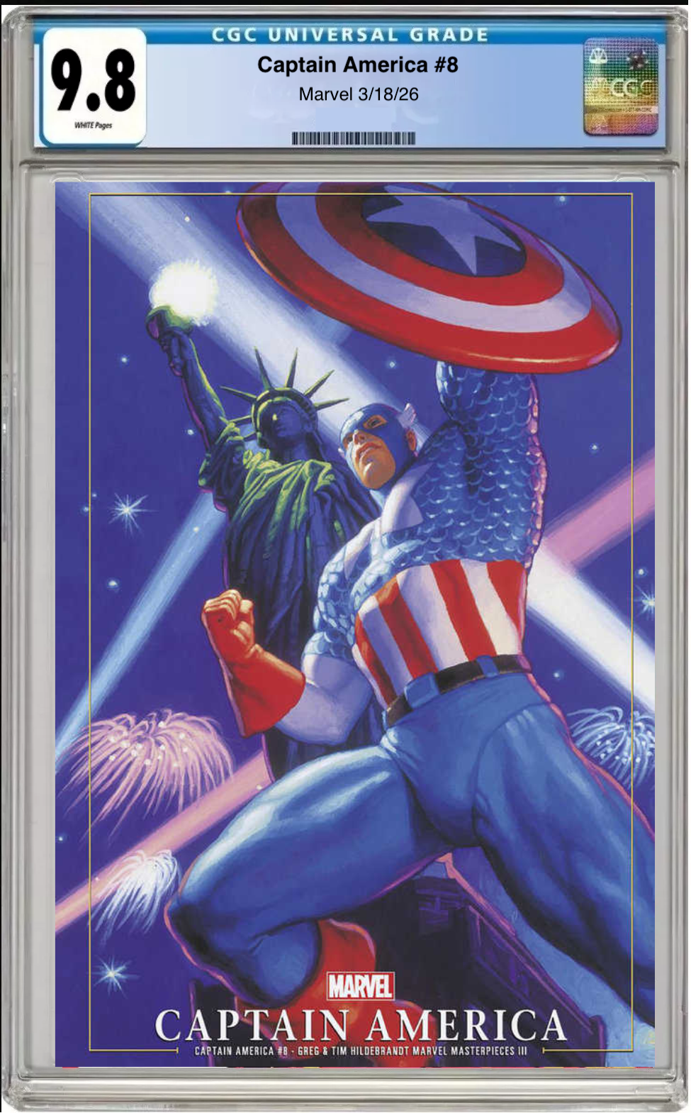 Comic book cover of Captain America #8 Greg and Tim Hildebrandt Captain America Marvel Masterpieces III Cover with CGC grading label.