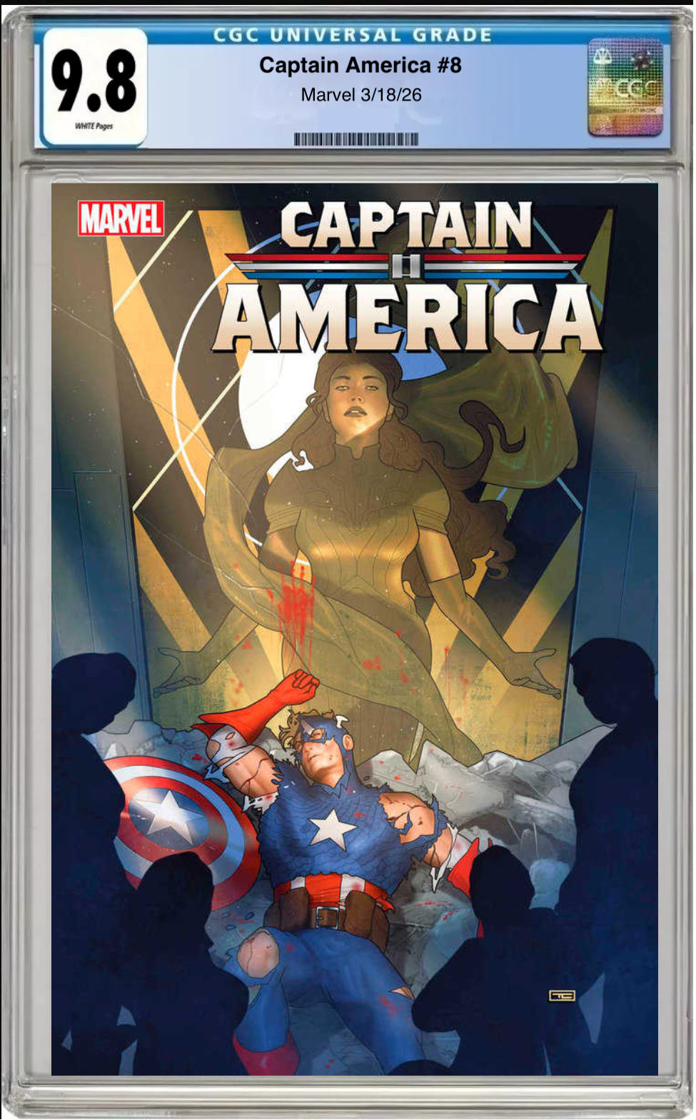 Comic book cover of Captain America #8 Main Cover with CGC grading label.