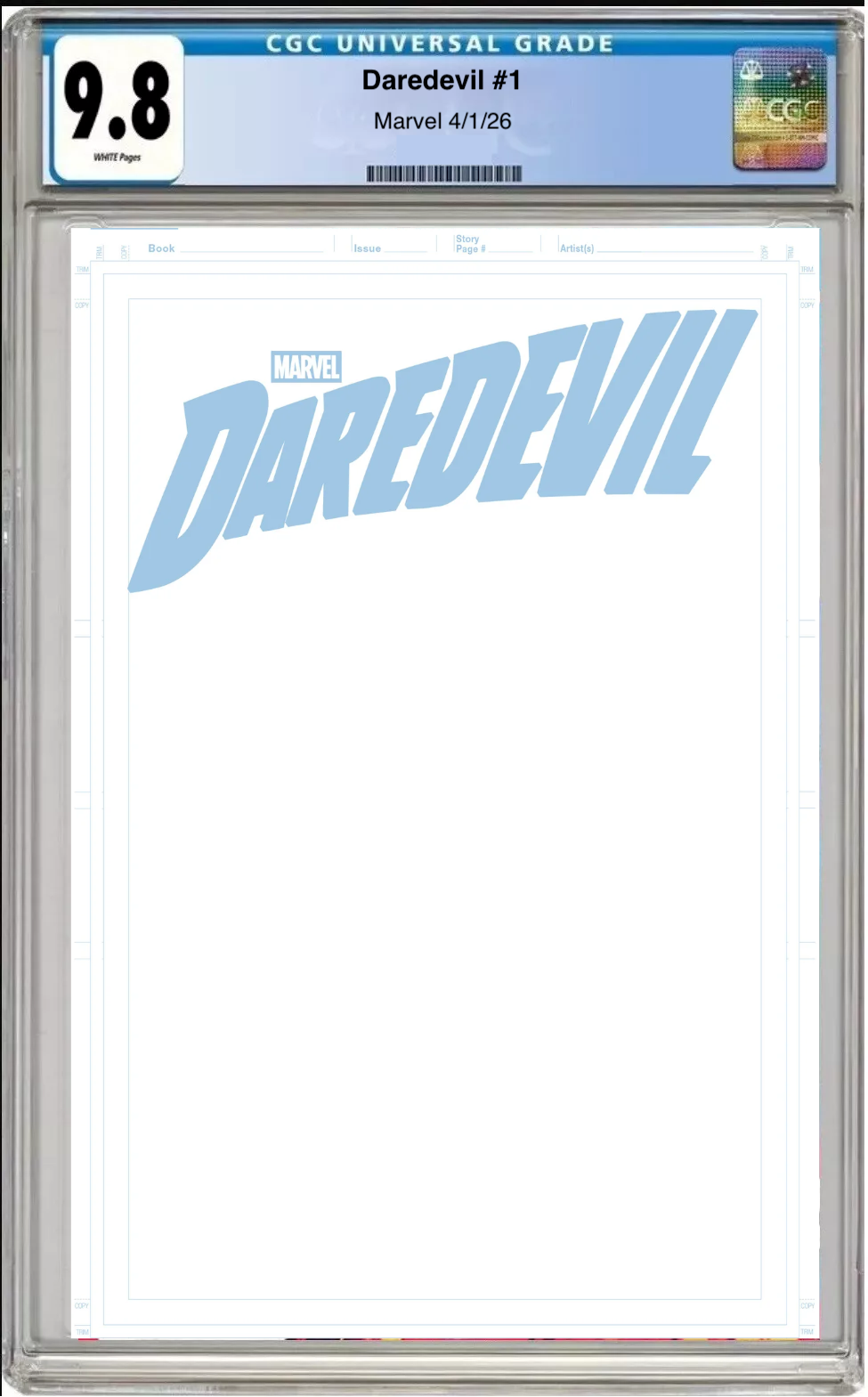 Comic book cover of Daredevil #1 Blue Line Blank Cover with CGC grading label.