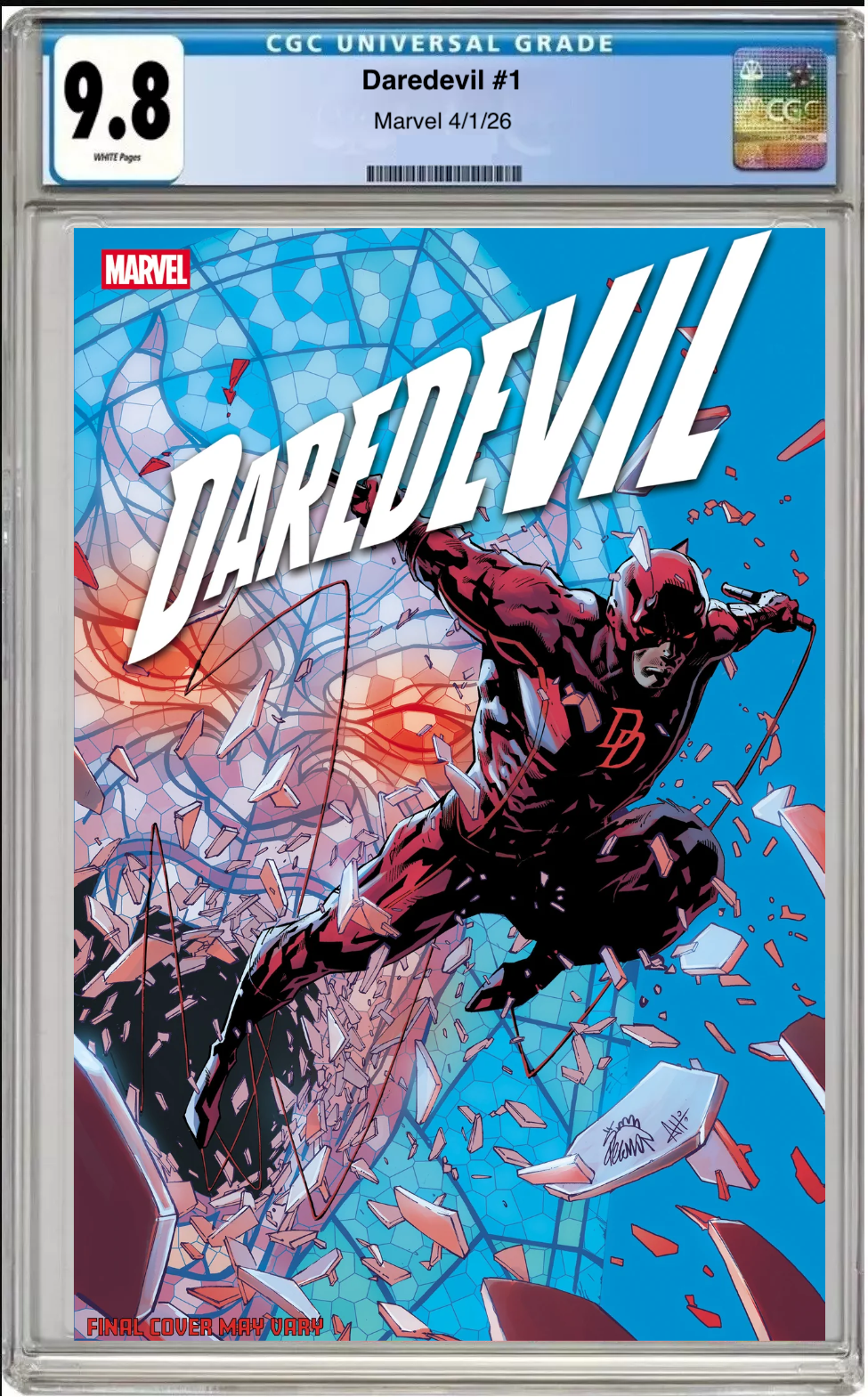 Comic book cover of Daredevil #1 Ryan Stegman Foil Cover with CGC grading label.
