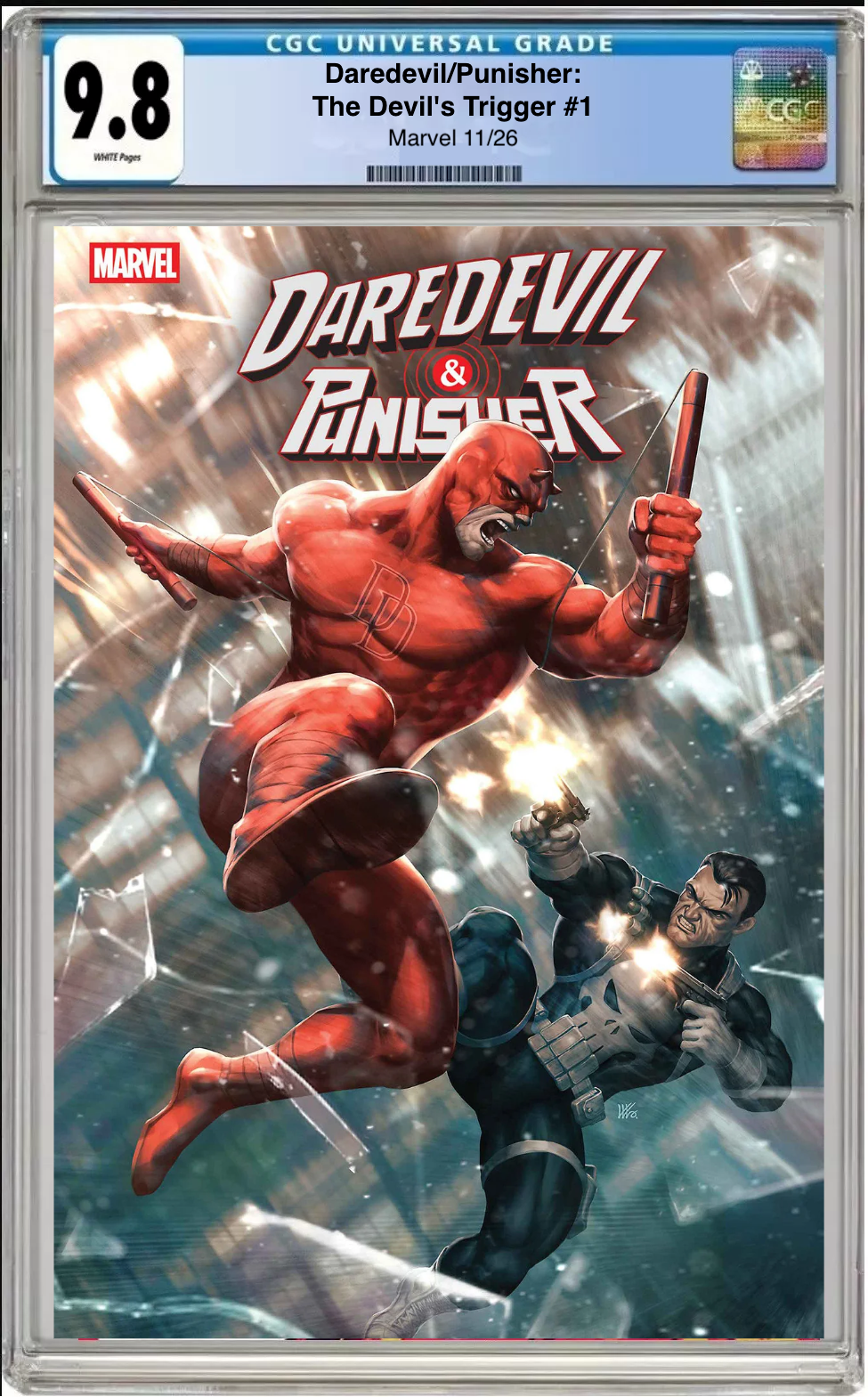 Comic book cover of Daredevil/Punisher: The Devil’s Trigger #1 Main Cover with CGC grading label.
