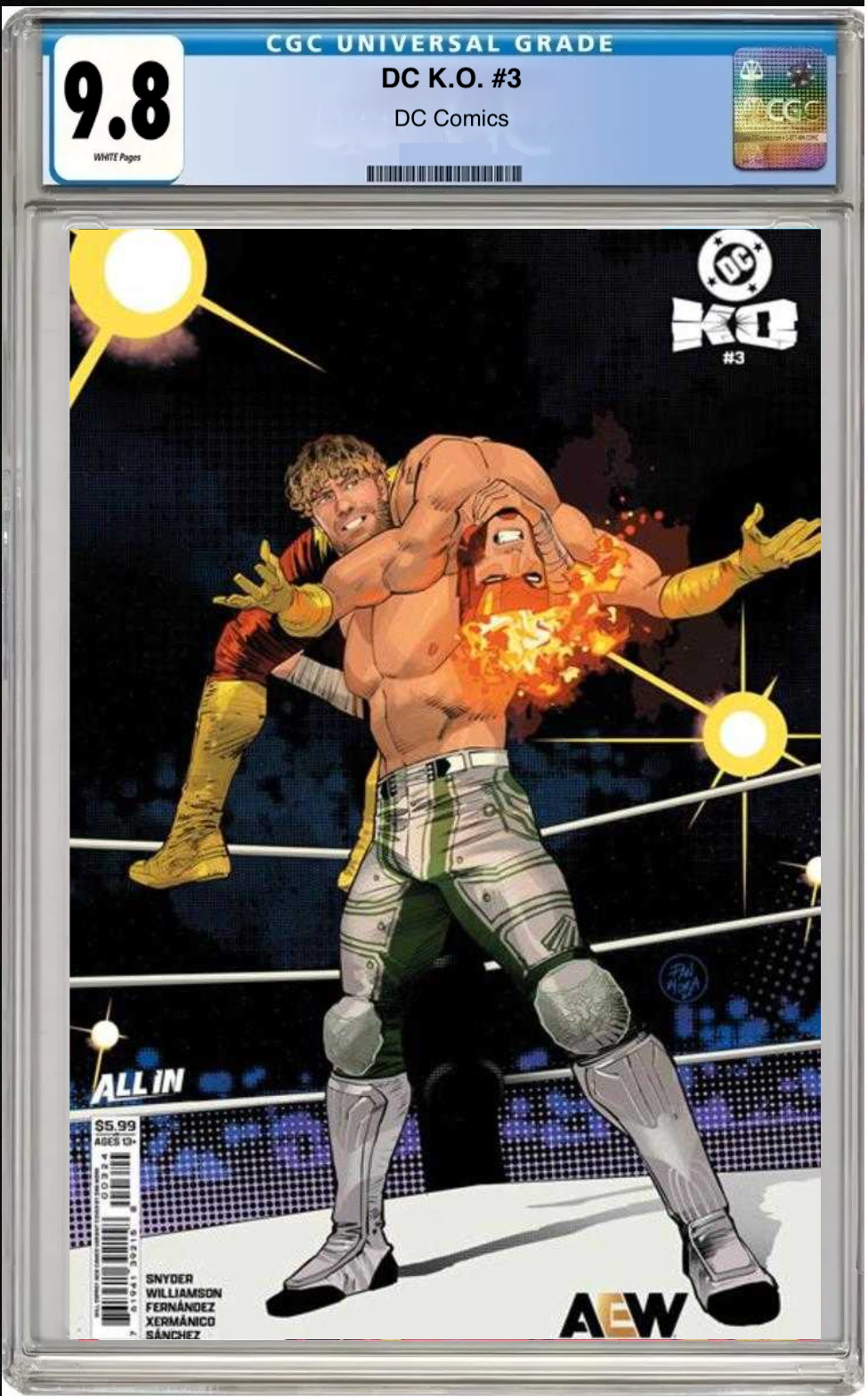 Comic book cover of DC K.O. #3 Dan Mora AEW Cameo Cover with CGC grading label.