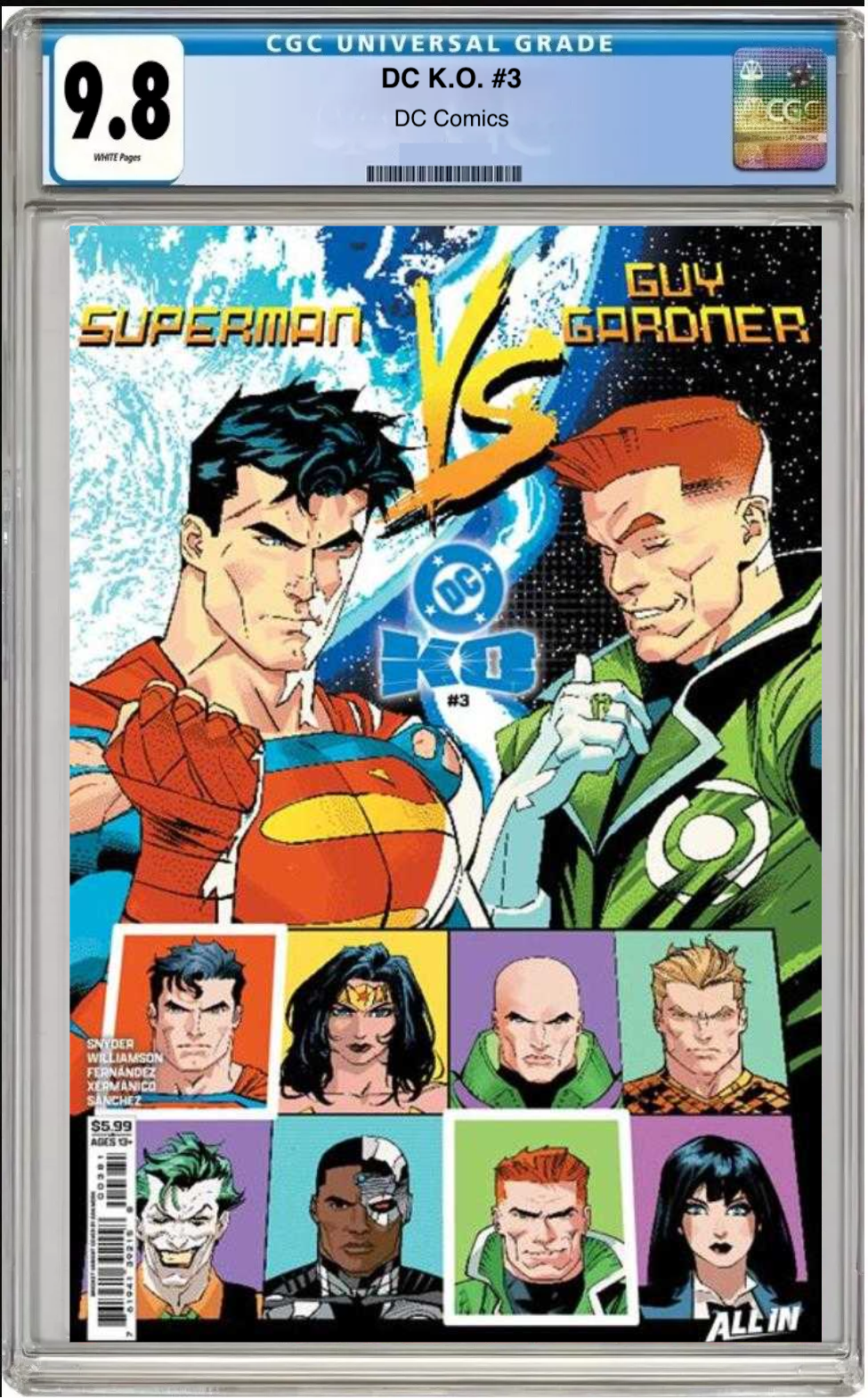 Comic book cover of DC K.O. #3 Dan Mora Bracket Cover with CGC grading label.