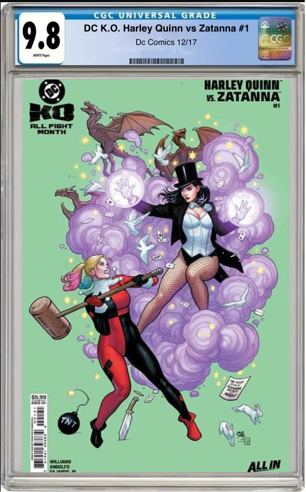 Comic book cover of DC K.O. Harley Quinn vs Zatanna #1 Cover B with CGC grading label.