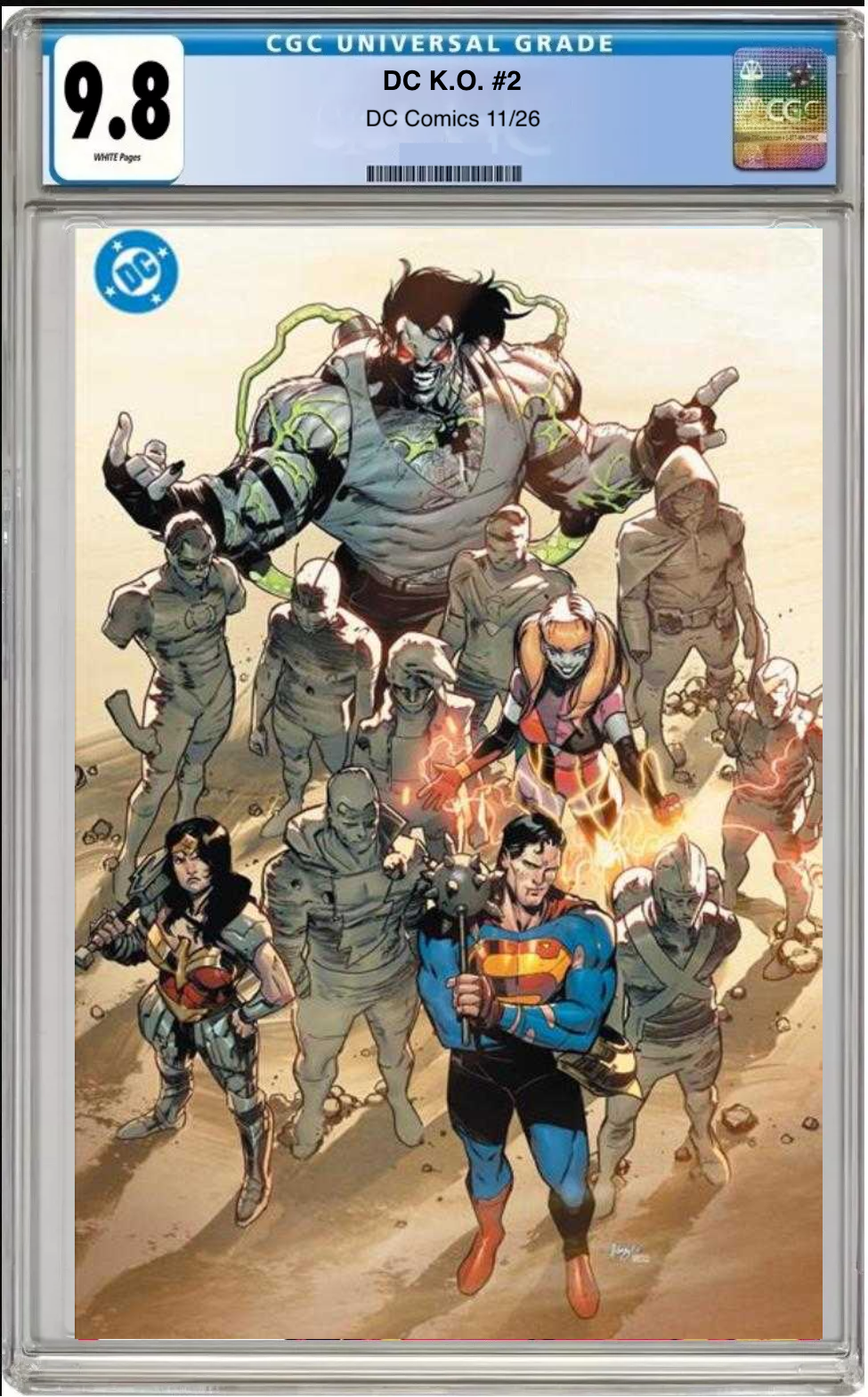Comic book cover of DC K.O. #2 Foil Cover J with CGC 9.8 grading label.