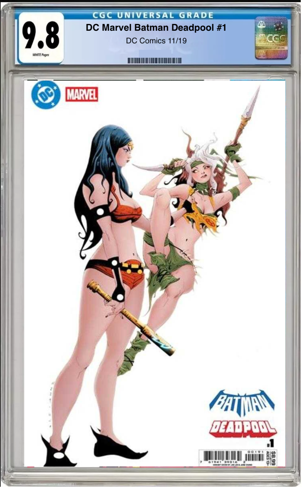 Comic book cover of DC/Marvel: Batman/Deadpool #1 Big Barda & Savage Land Rogue Cover with CGC grading label.