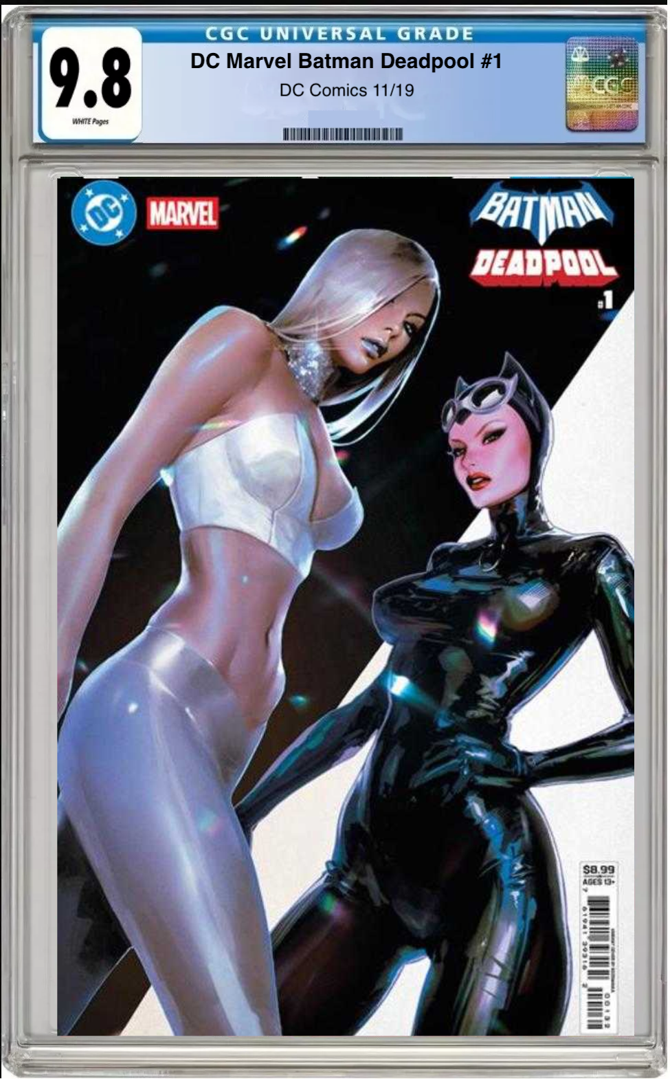 Comic book cover of DC/Marvel: Batman/Deadpool #1 Catwoman & Emma Frost Cover with CGC grading label.