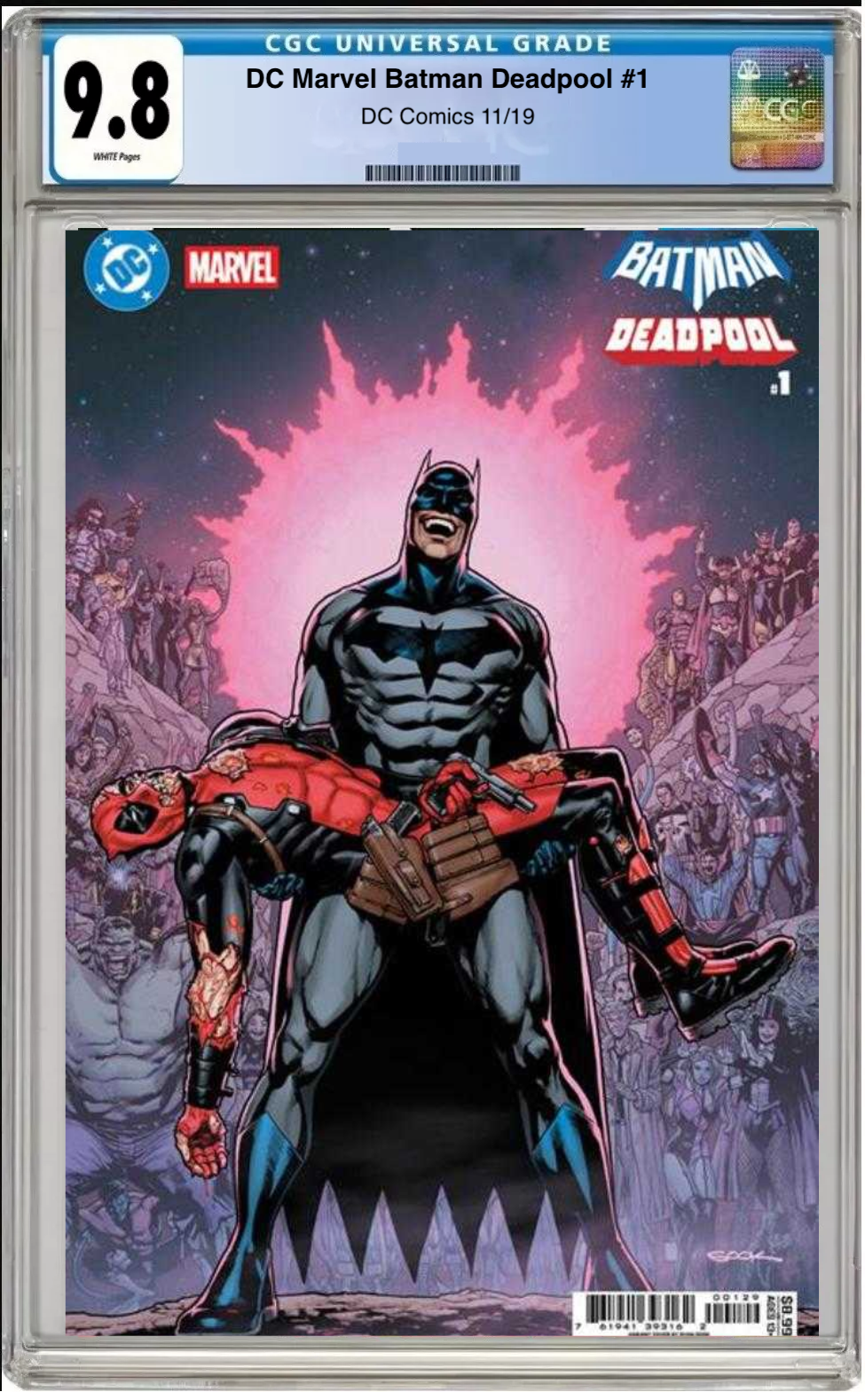 Comic book cover of DC/Marvel: Batman/Deadpool #1 Crisis on Infinite Earths #7 Homage Cover with CGC grading label.
