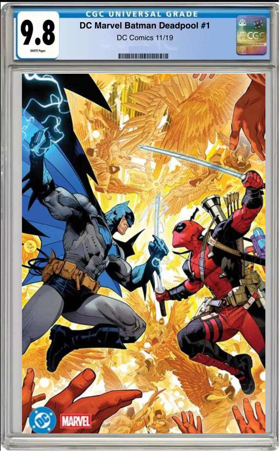 Comic book cover of DC/Marvel: Batman/Deadpool #1 Foil Cover with CGC grading label.