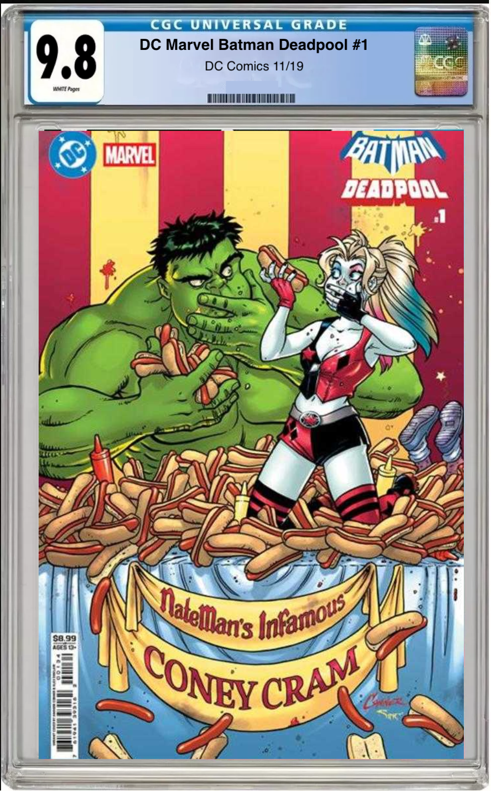 Comic book cover of DC/Marvel: Batman/Deadpool #1 Harley Quinn & Hulk Cover with CGC grading label.
