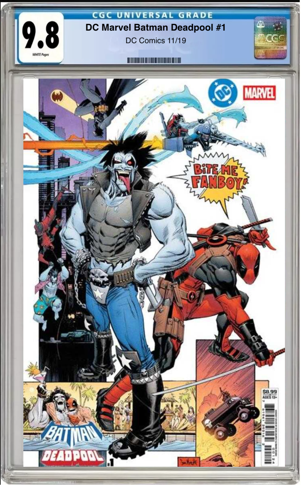 Comic book cover of DC/Marvel: Batman/Deadpool #1 Lobo & Deadpool Cover with CGC grading label.