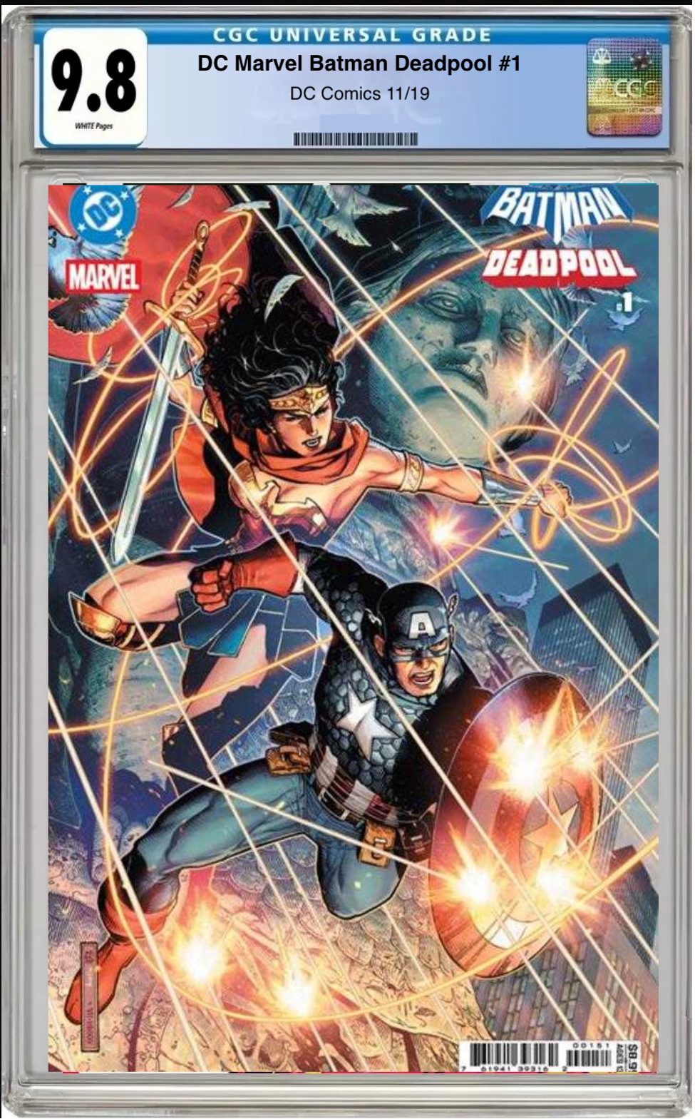 Comic book cover of DC/Marvel: Batman/Deadpool #1 Wonder Woman & Captain America Cover with CGC grading label.