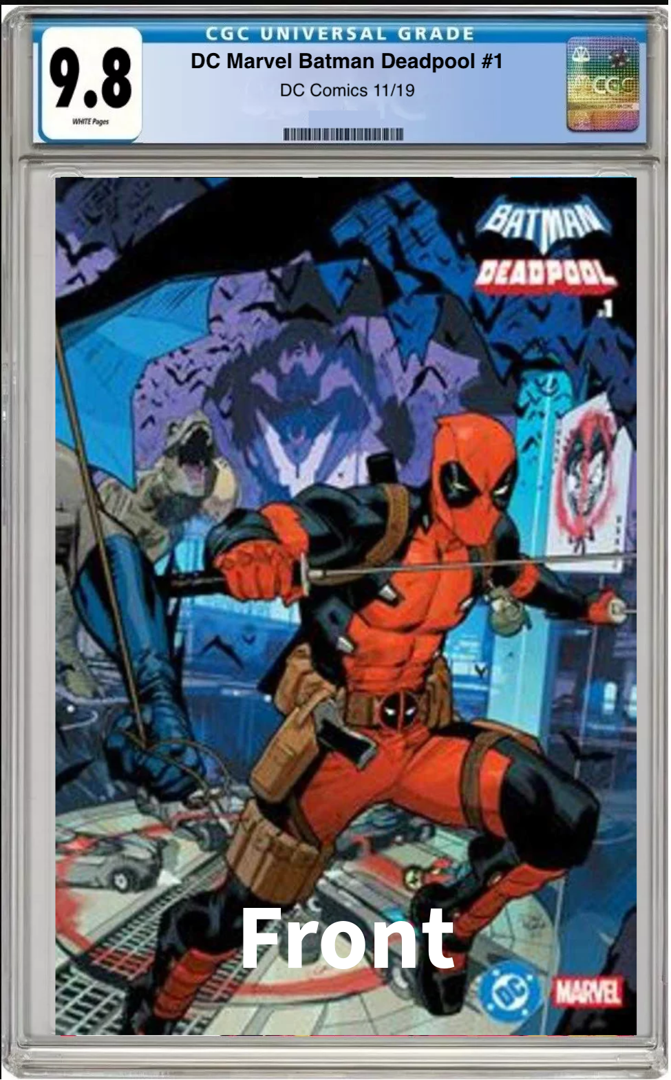 Comic book cover of DC/Marvel: Batman/Deadpool #1 Wonder Woman & Captain America Cover with CGC grading label.