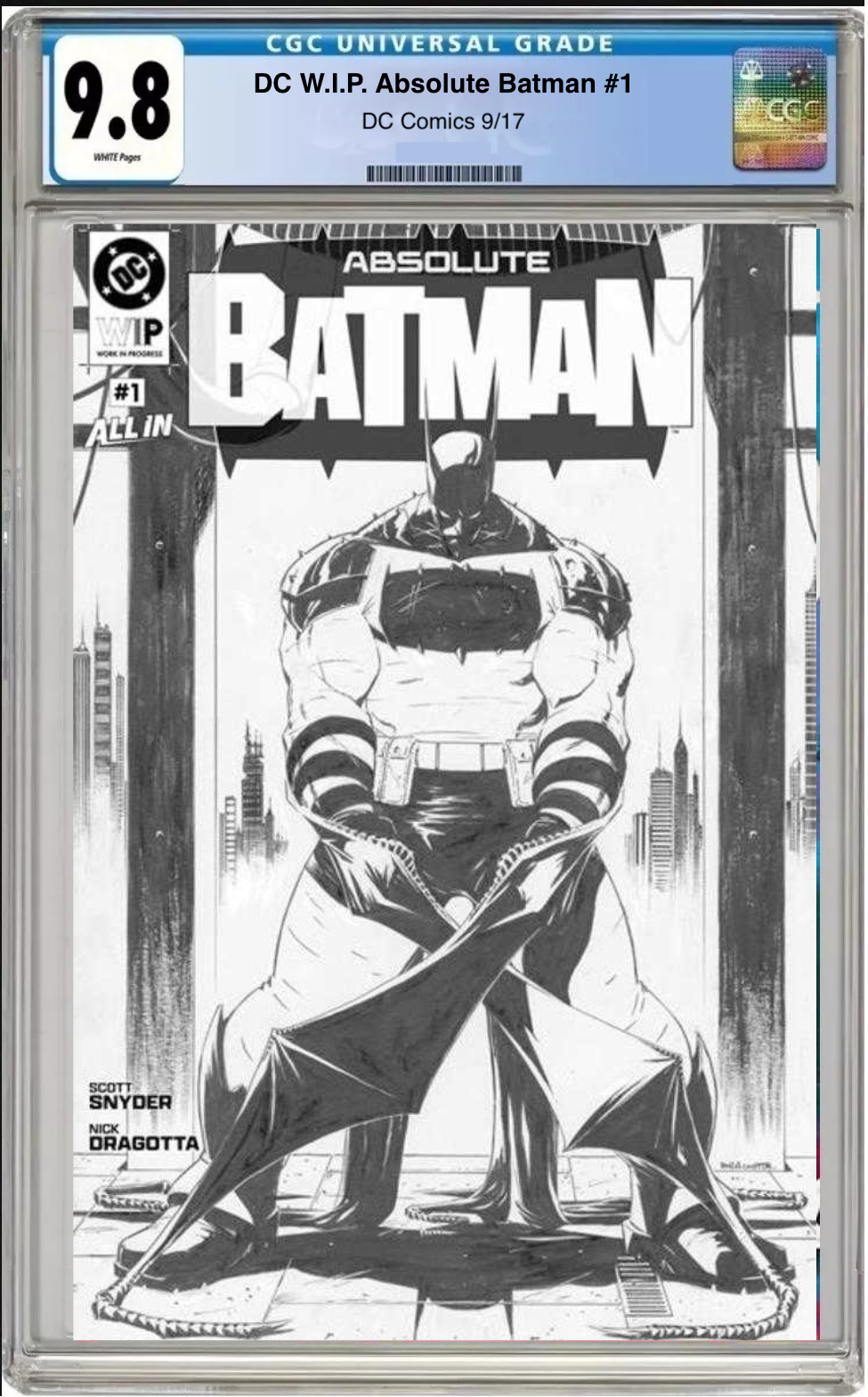 Comic book cover of DC W.I.P. Absolute Batman #1 with CGC 9.8 grading label.