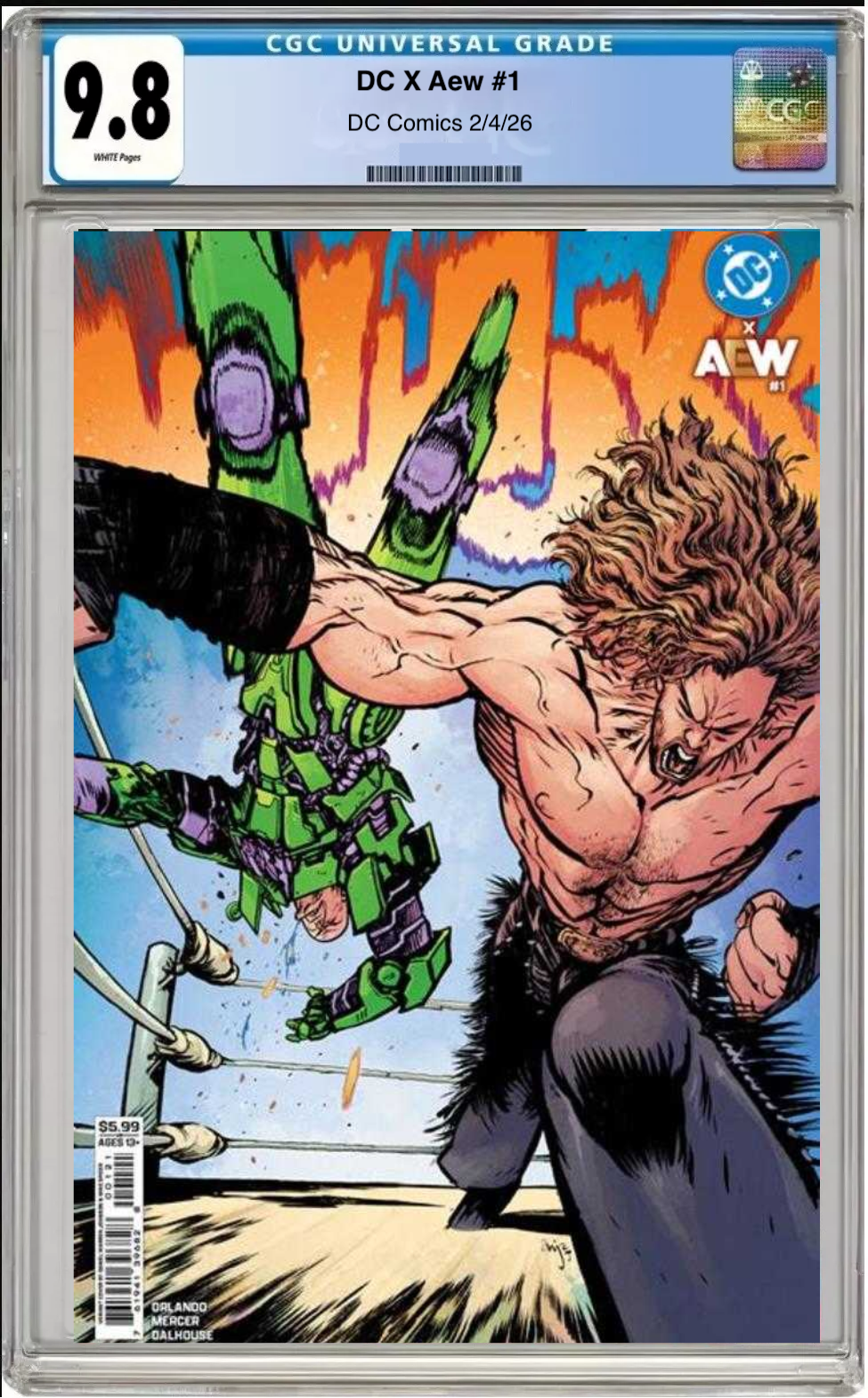 Comic book cover of DC x AEW #1 Cover B with CGC grading label.