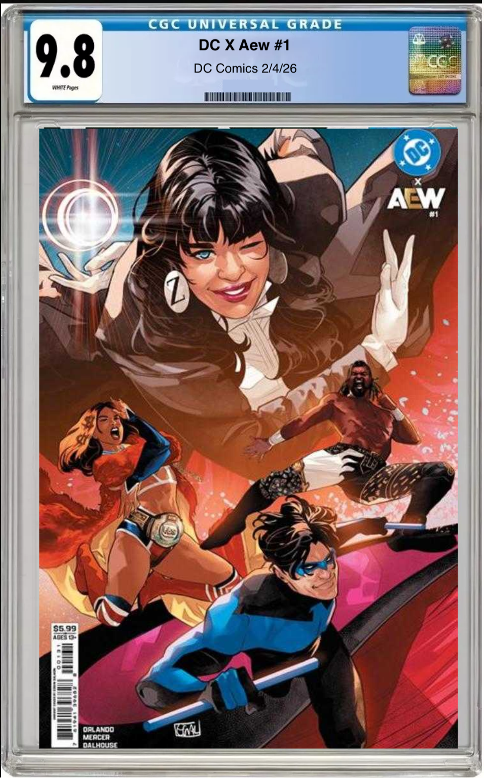 Comic book cover of DC x AEW #1 Cover C with CGC grading label.