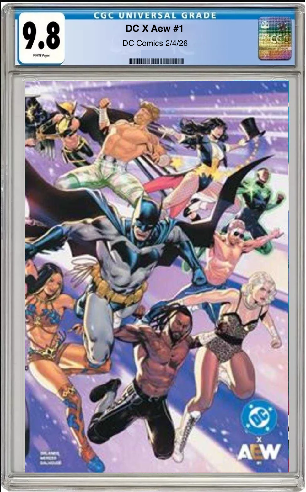 Comic book cover of DC x AEW #1 Cover E Foil Wraparound with CGC grading label. front