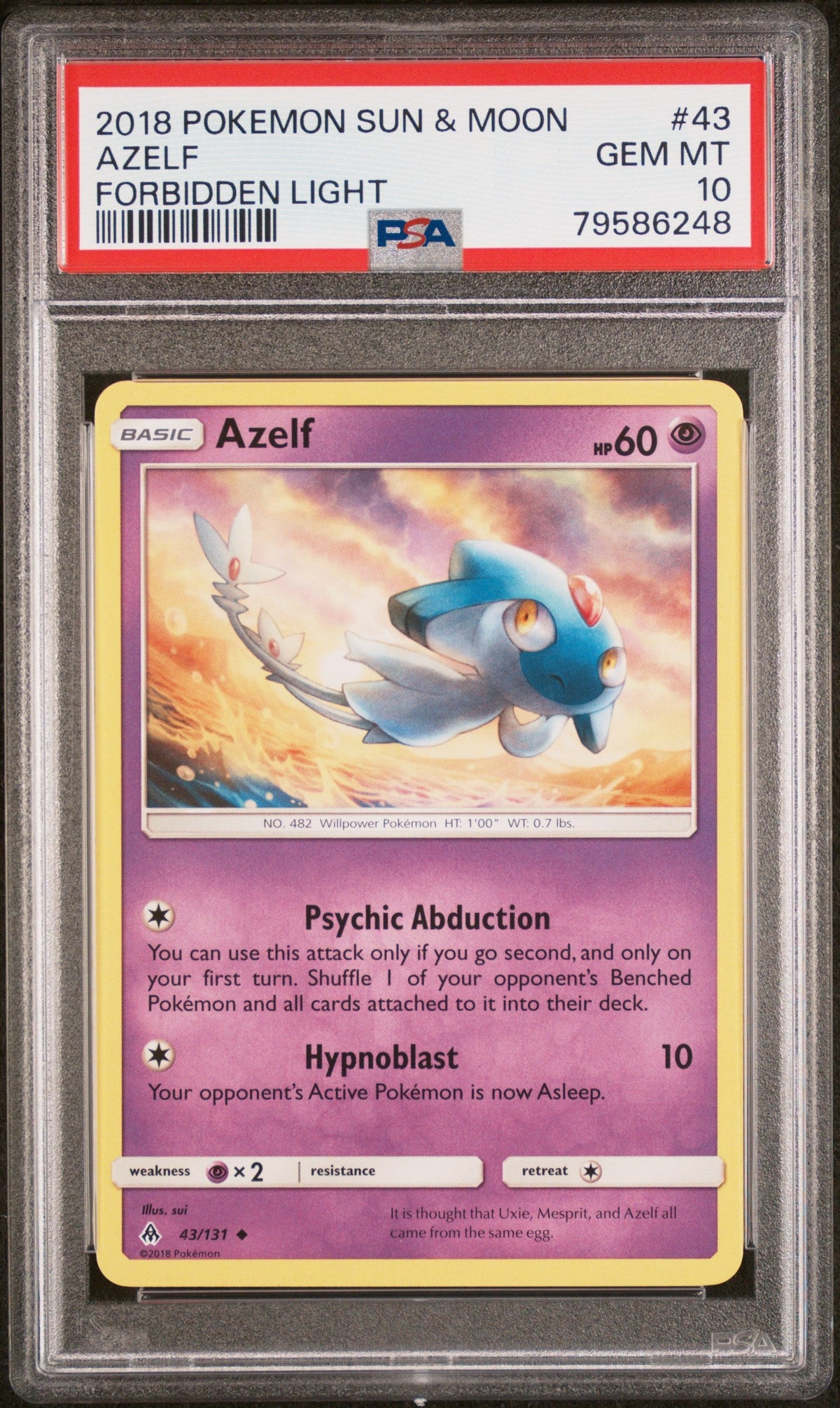 2018 POKEMON SUN &amp; MOON FORBIDDEN LIGHT AZELF #43 - PSA GEM MT 10