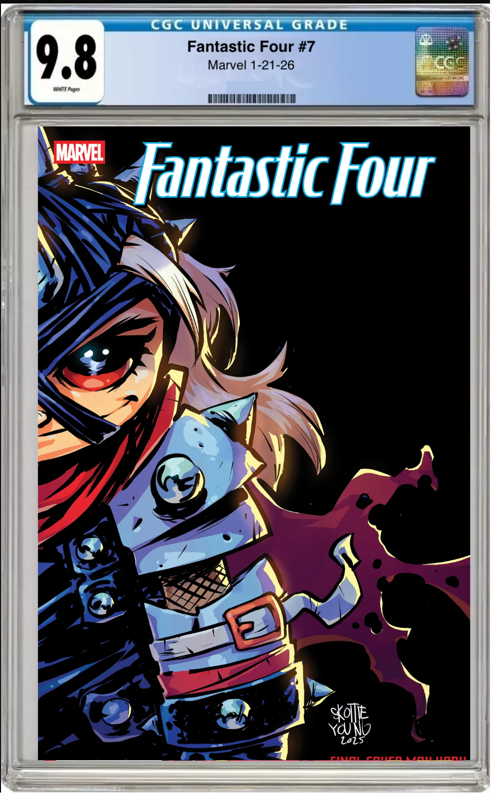 Comic book cover of Fantastic Four #7 Skottie Young Cover with CGC grading label.