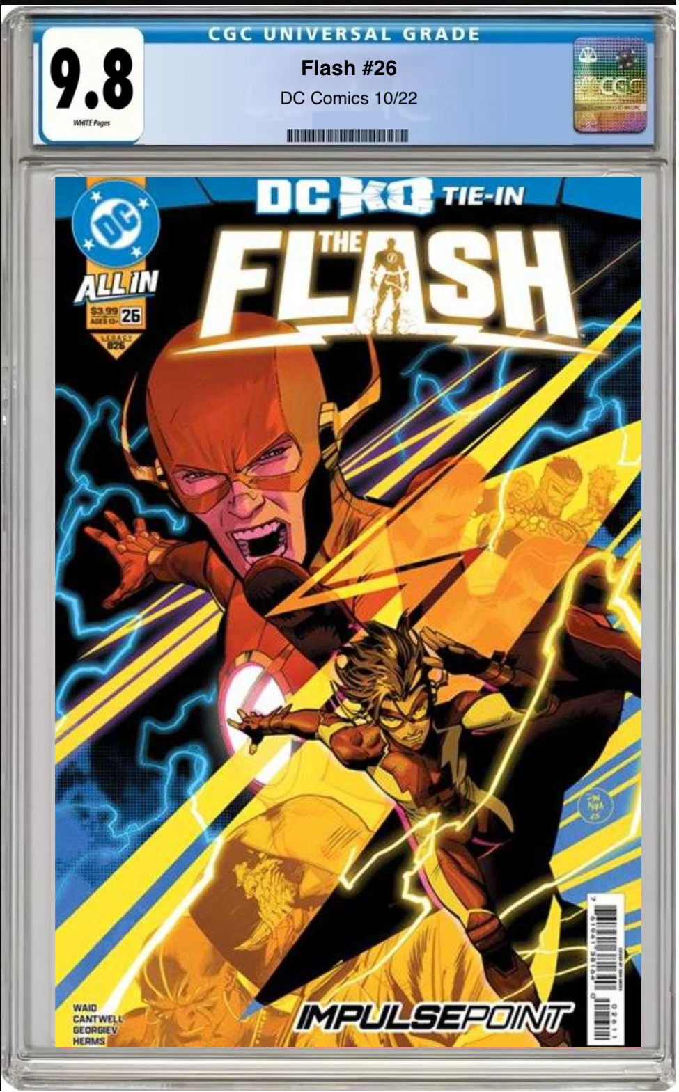 Comic book cover of Flash #26 Cover A Dan Mora with CGC 9.8 grading label.