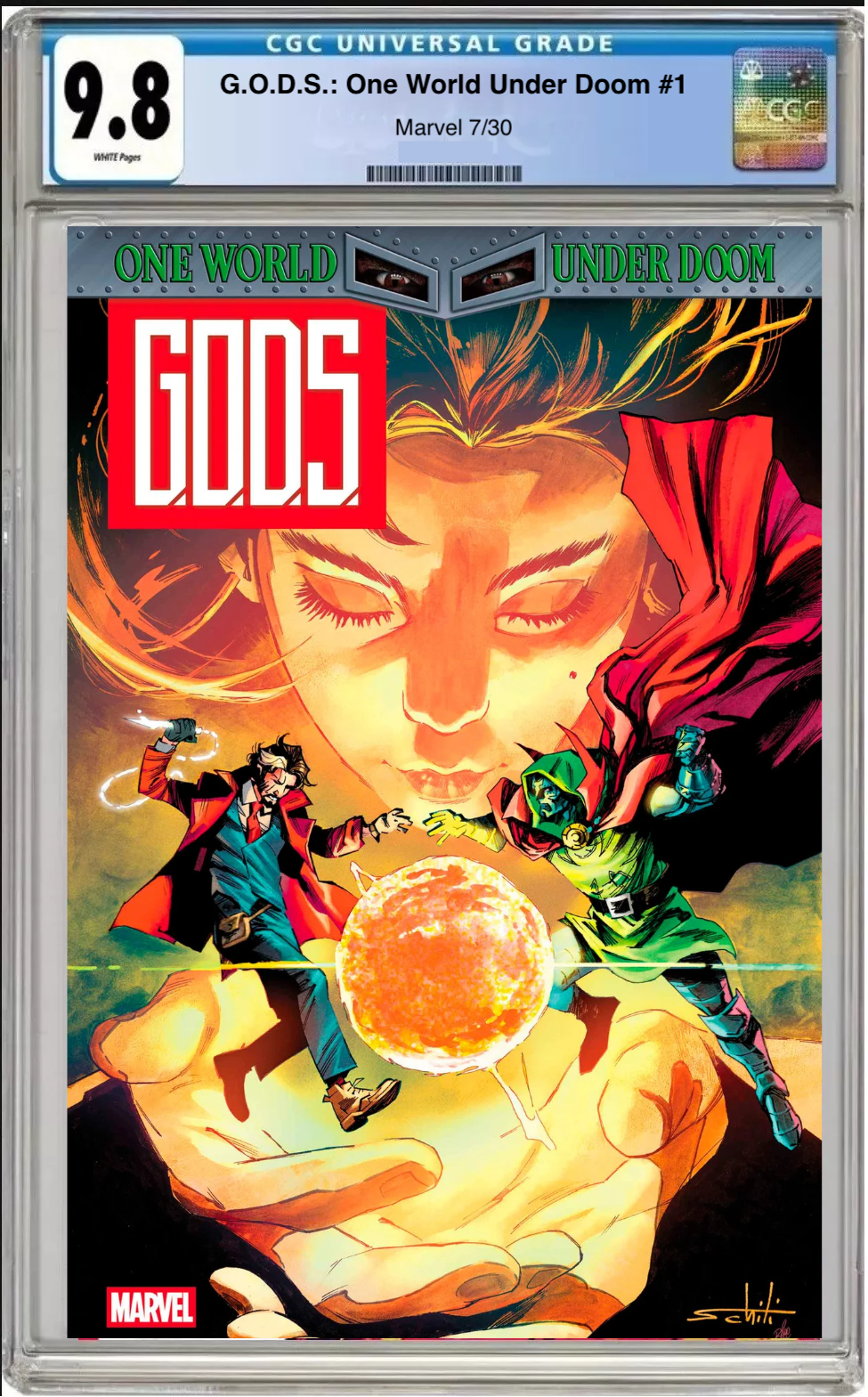 G.O.D.S. One World Under Doom #1 Main Cover comic book with CGC 9.8 grading label