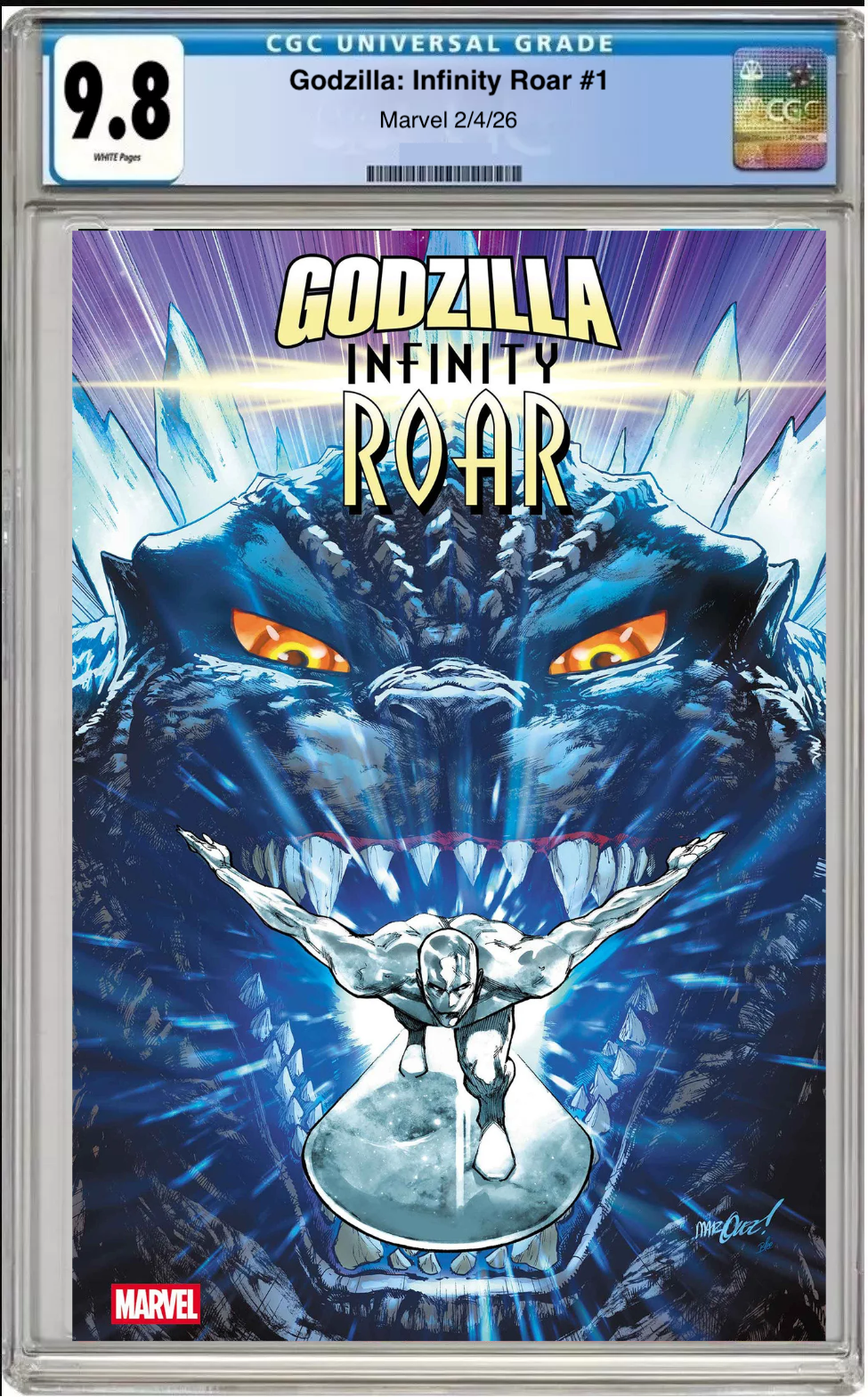 Comic book cover of Godzilla: Infinity Roar #1 David Marquez Foil Cover with CGC grading label.