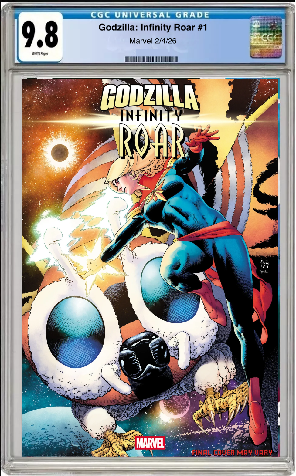 Comic book cover of Godzilla: Infinity Roar #1 Paulo Siqueira Cosmic Variant Cover with CGC grading label.