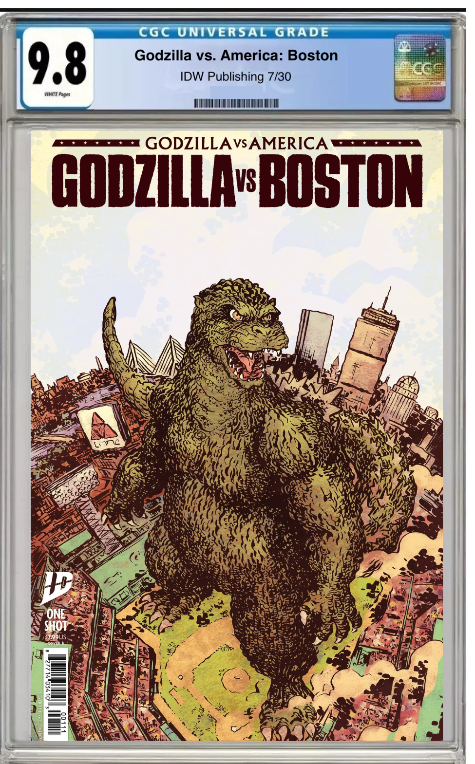 Godzilla vs. Boston #1 Cover B comic book with CGC 9.8 grading label

